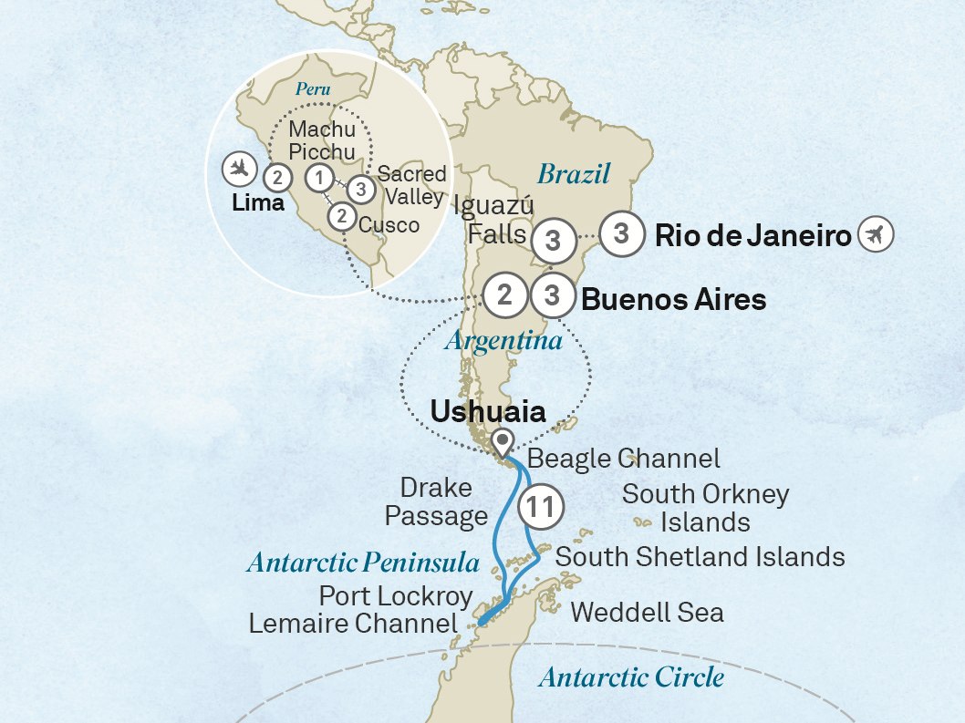 Ultimate Journey: Peru, Argentina, Brazil & Antarctica: Lima to Rio de Janeiro Scenic itinerary route map for voyage OLA1060129.1