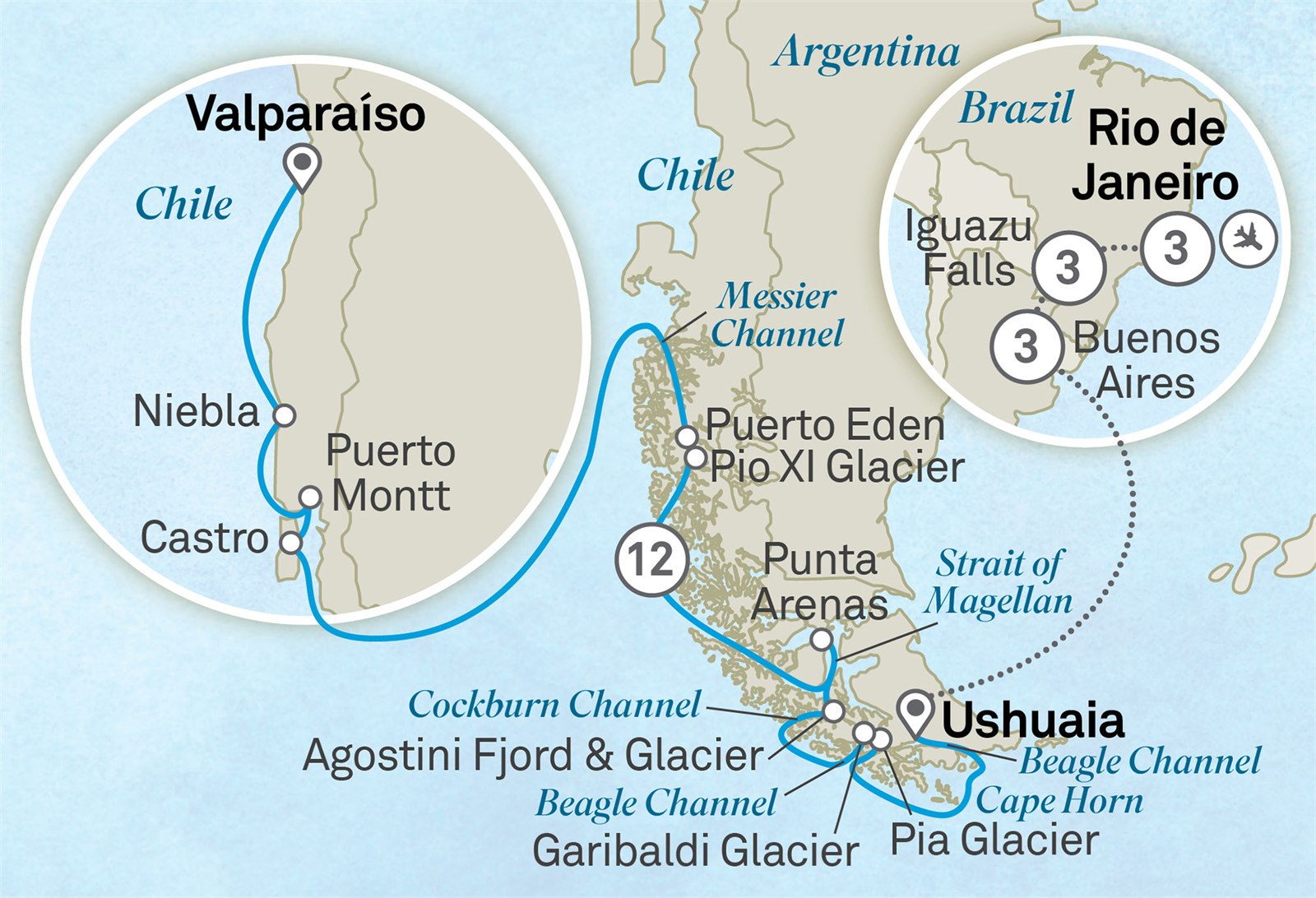 Treasures of South America with Chilean Fjords - Cruise & Land Journey: Santiago to Rio de Janeiro Scenic itinerary route map for voyage OLA2041126.1