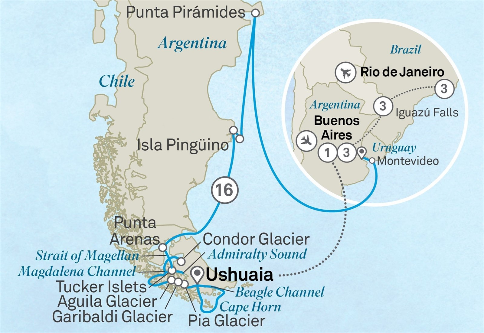 Treasures of South America: Chilean Fjords to the Iguazu falls - Cruise & Land Journey: Buenos Aires to Rio de Janeiro Scenic itinerary route map for voyage OLA7280227.2