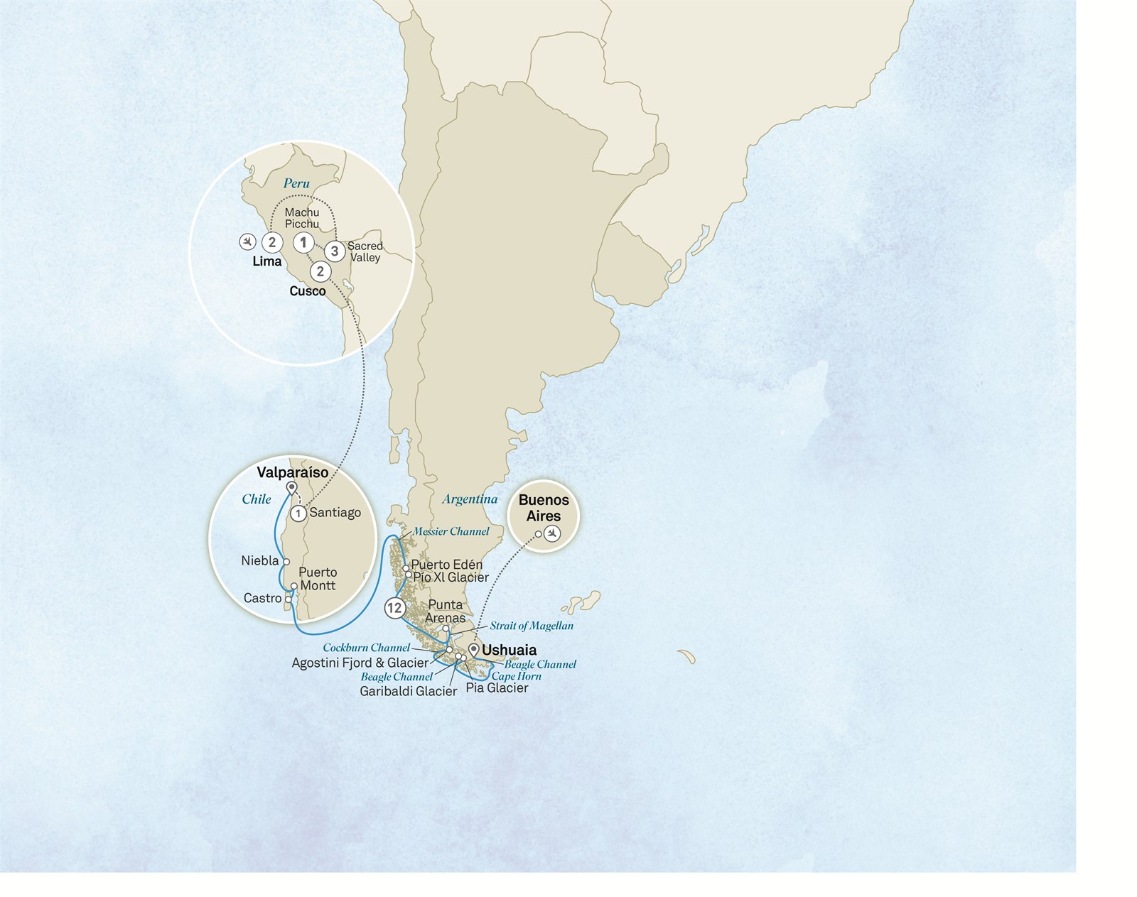 Chairman's Chilean Fjords Voyage & Machu Picchu - Cruise & Land Journey: Lima to Buenos Aires Scenic itinerary route map for voyage OLL2041127.1