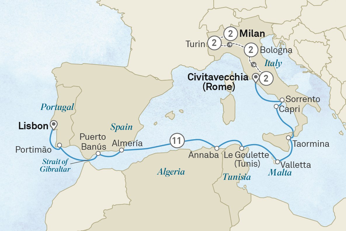 Icons of Italy & Mediterranean Treasures - Cruise & Land Journey: Milan to Lisbon Scenic itinerary route map for voyage OM31270427.1
