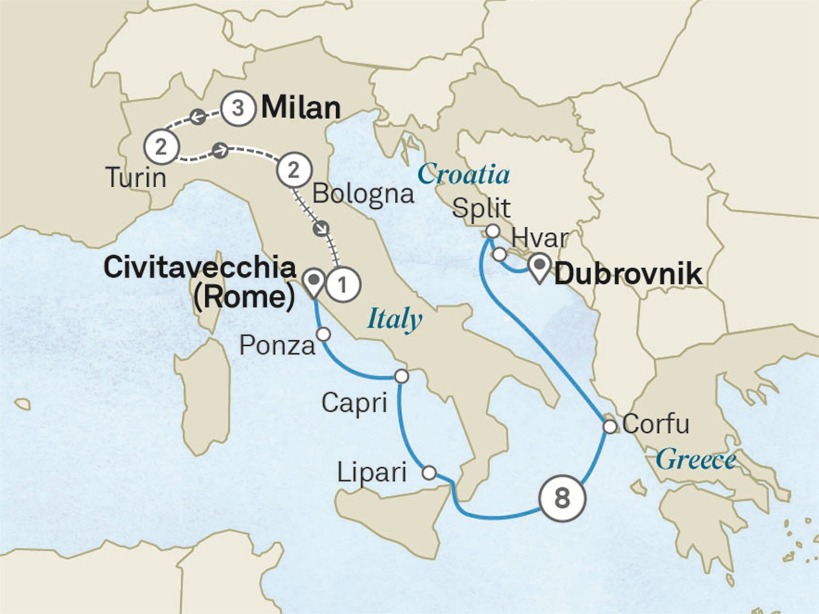 Icons of Italy, Greece & Croatia - Cruise & Land Journey: Milan to Dubrovnik Scenic itinerary route map for voyage OM38010627.1