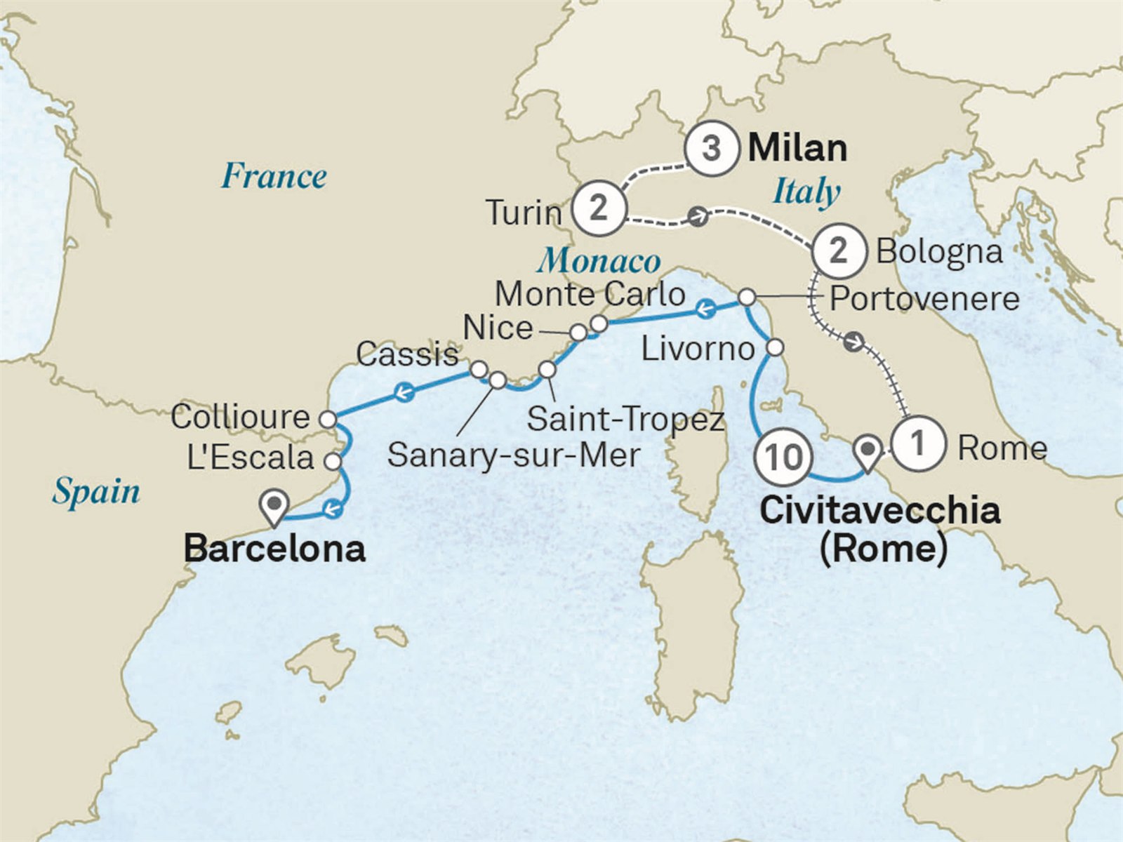 Icons of Italy & the French Riviera - Cruise & Land Journey: Milan to Barcelona Scenic itinerary route map for voyage OM47190628.1