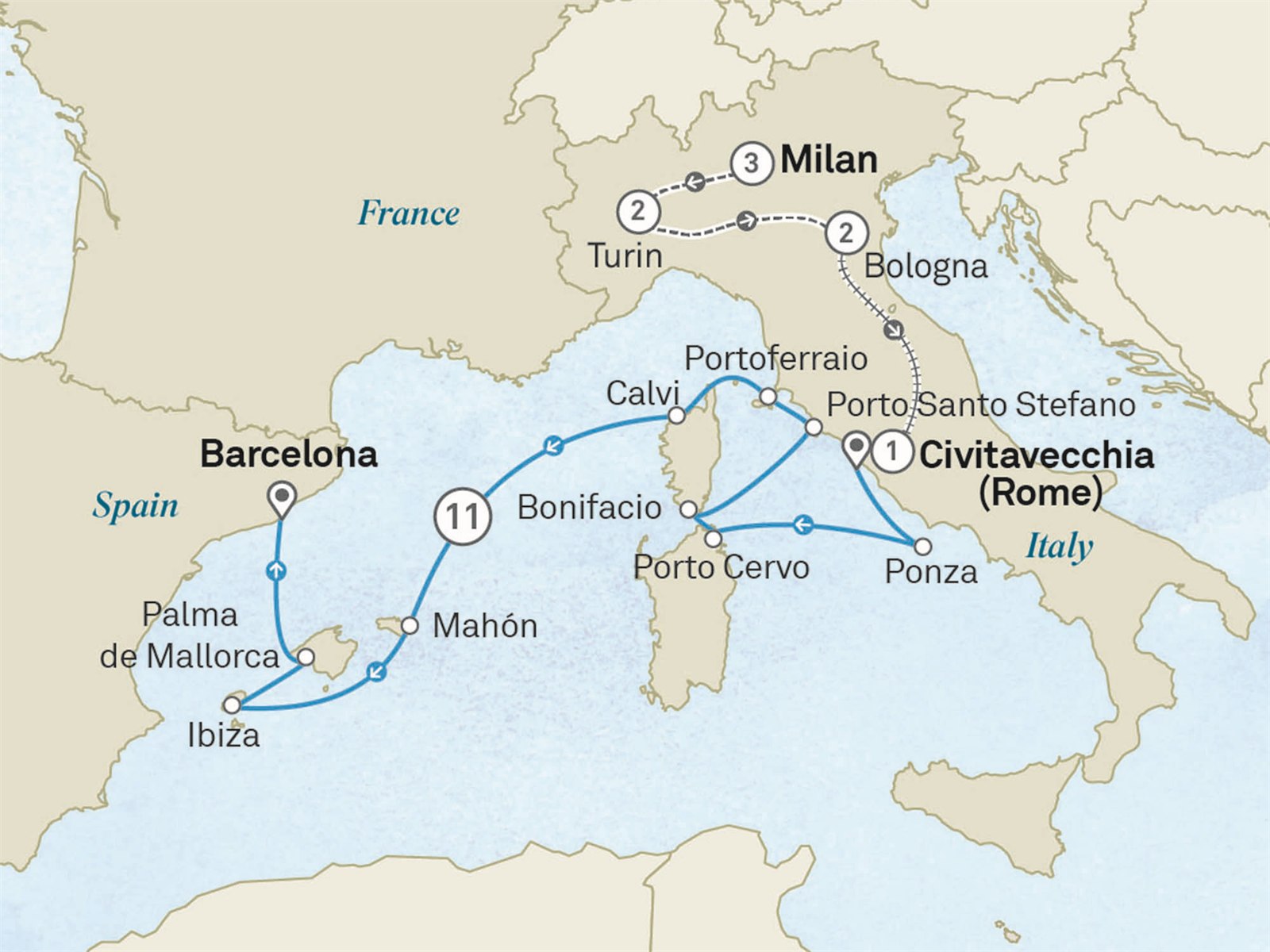 Icons of Italy & Mediterranean Islands - Cruise & Land Journey: Milan to Barcelona Scenic itinerary route map for voyage OM48050928.1