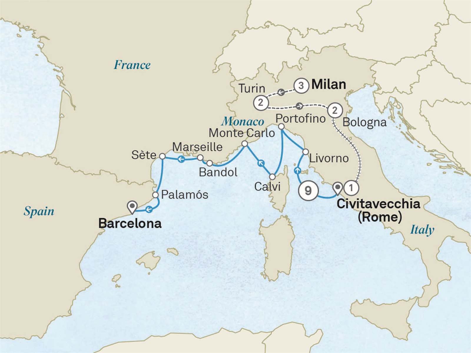 Icons of Italy & Mediterranean Rivieras - Cruise & Land Journey: Milan to Barcelona Scenic itinerary route map for voyage OM49260928.1