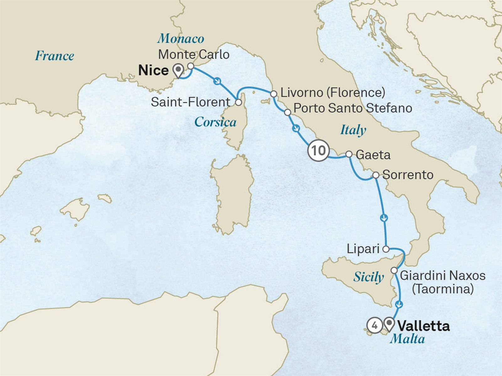 French Riviera, Amalfi Coast & Malta Discovery - Cruise & Land Journey: Nice to Valletta Scenic itinerary route map for voyage OMA5050528.2