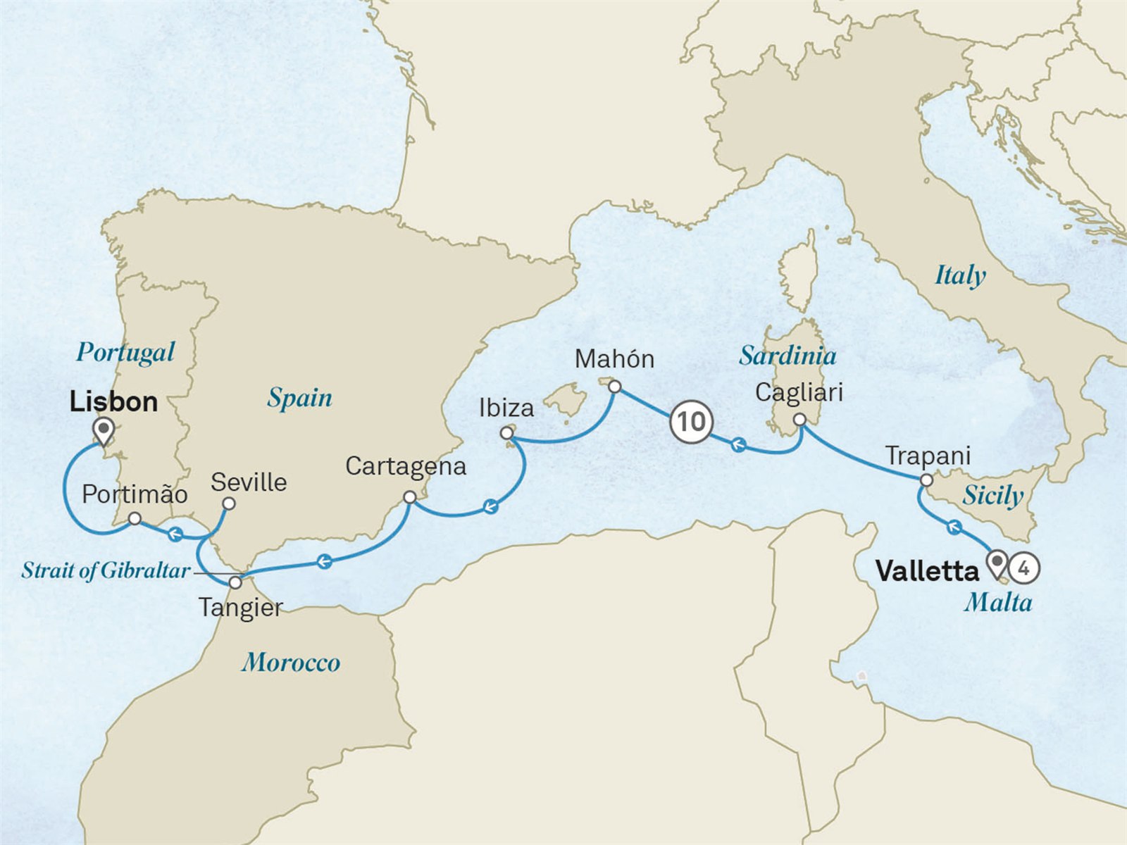 Malta Discovery & Mediterranean Wonders - Cruise & Land Journey: Valletta to Lisbon Scenic itinerary route map for voyage OMA6110528.1