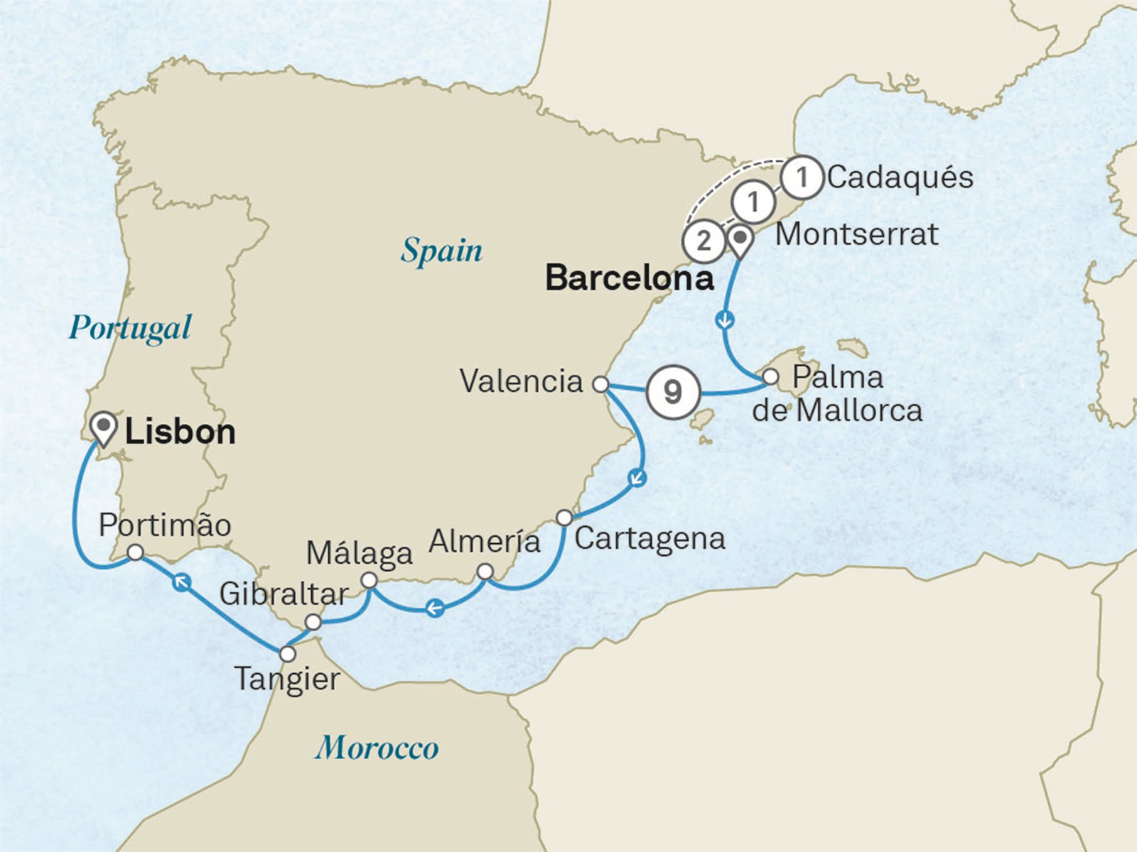 Catalonia, Iberia & Morocco - Cruise & Land Journey: Barcelona to Lisbon Scenic itinerary route map for voyage OMB5091028.1