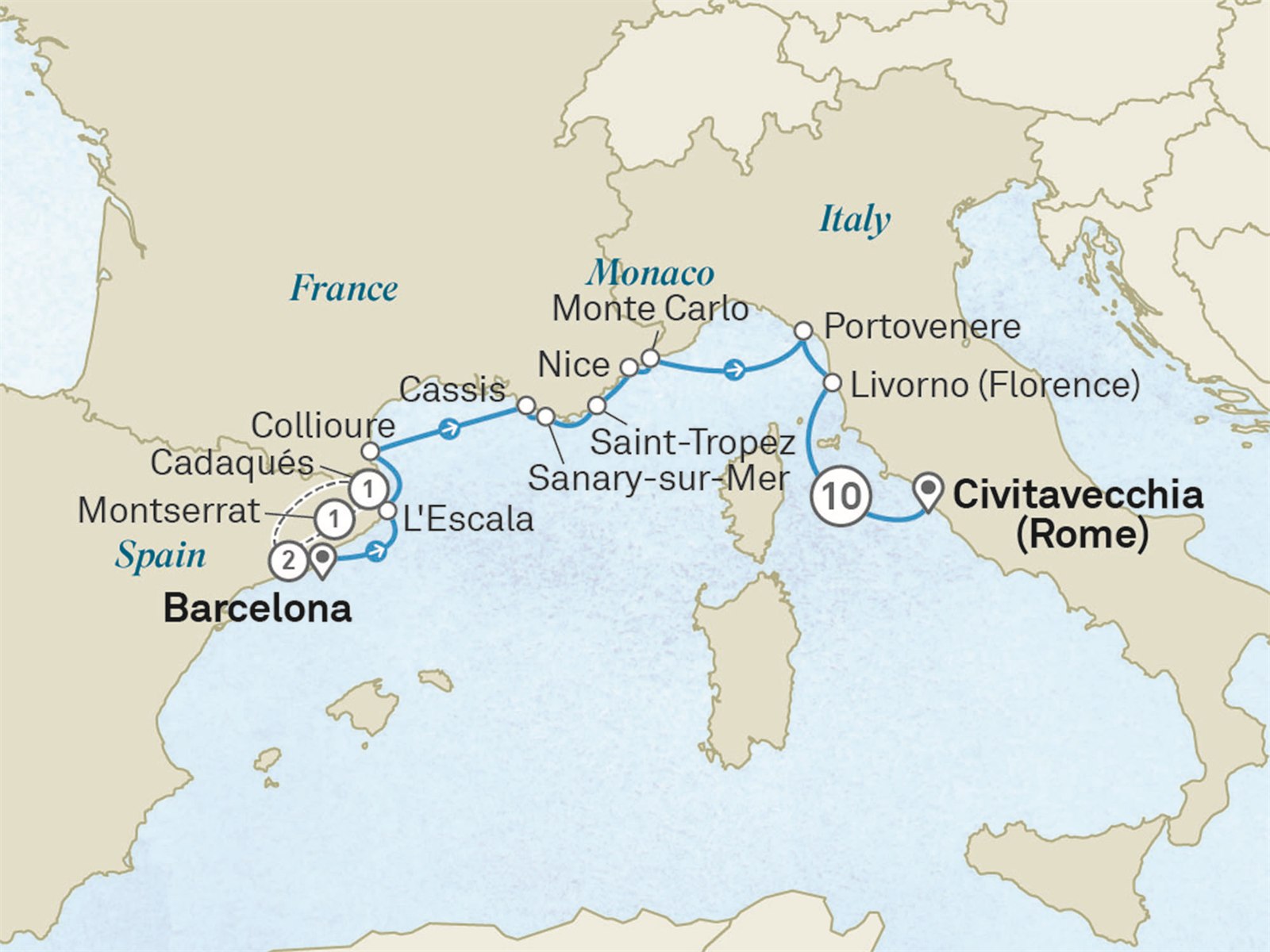 Catalonia, Italy & the French Riviera - Cruise & Land Journey: Barcelona to Civitavecchia (Rome) Scenic itinerary route map for voyage OMB7200928.1