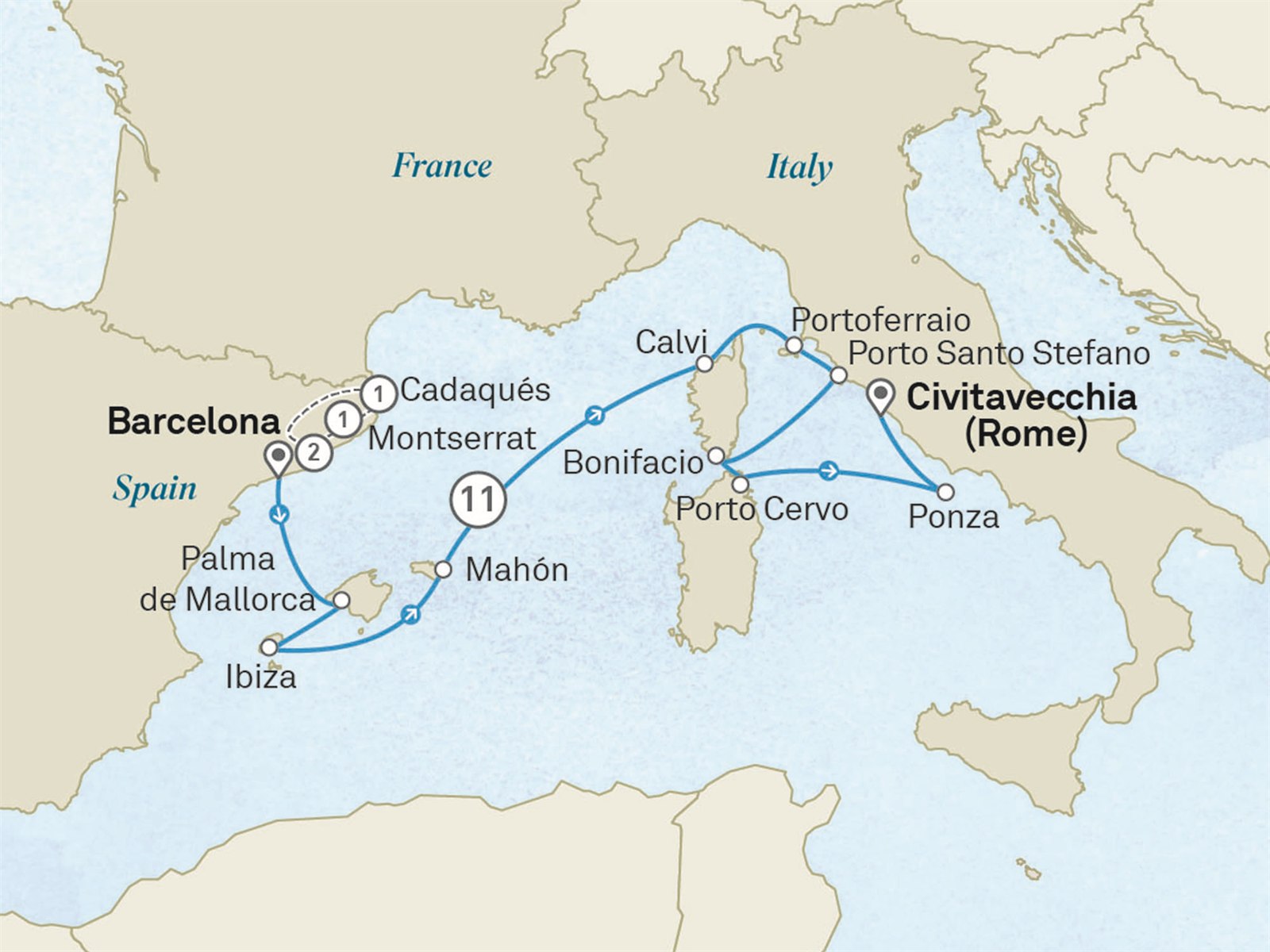 Catalonia & Mediterranean Islands - Cruise & Land Journey: Barcelona to Civitavecchia (Rome) Scenic itinerary route map for voyage OMB8030728.1