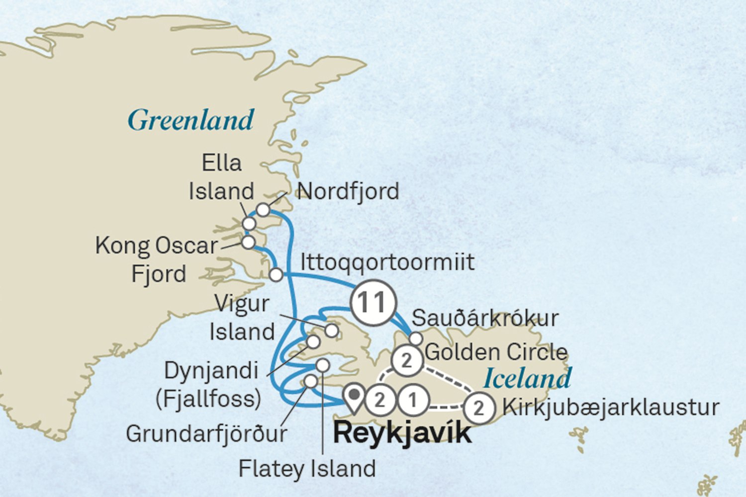 Iceland & East Greenland National Parks - Cruise & Land journey: Reykjavik to Reykjavik Scenic itinerary route map for voyage ON17280727.1
