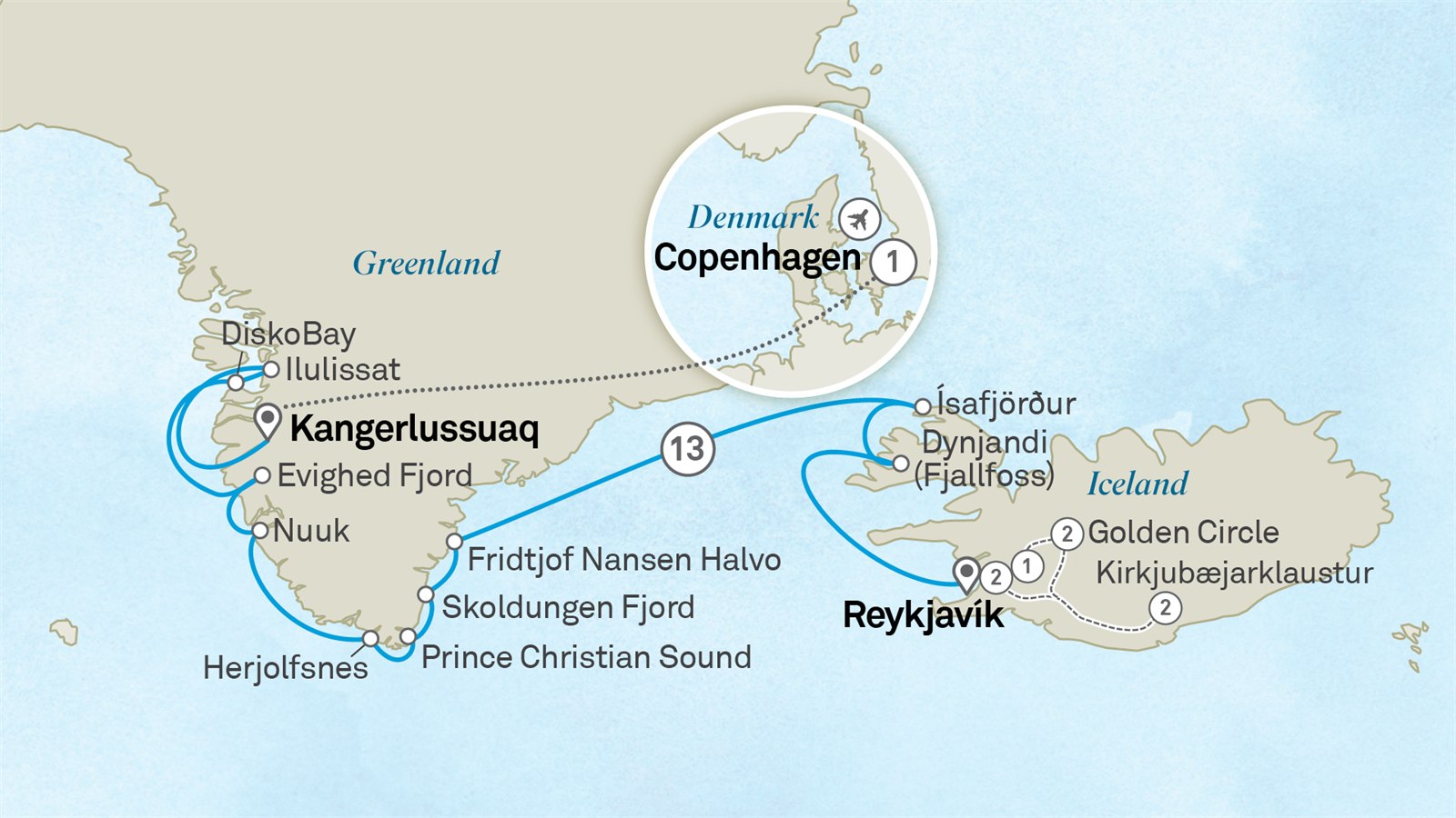 Iceland & Greenland in Depth - Cruise & Land Journey: Reykjavik to Copenhagen Scenic itinerary route map for voyage ON18080827.1