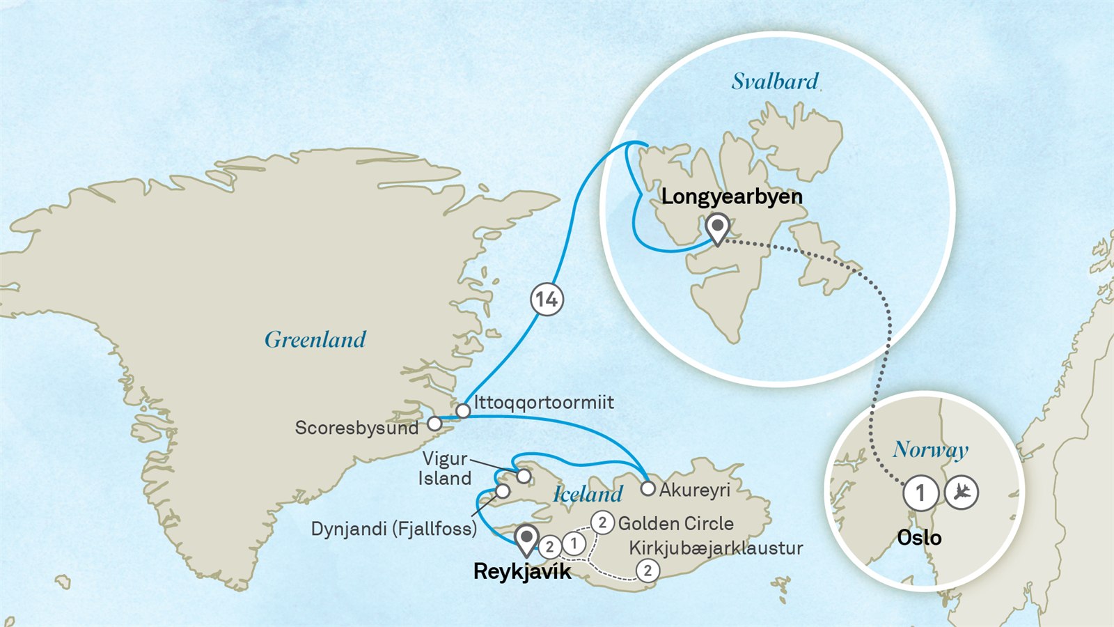 High Arctic Wonders & Iceland Discovery - Cruise & Land Journey: Oslo to Reykjavik Scenic itinerary route map for voyage ON21200727.1