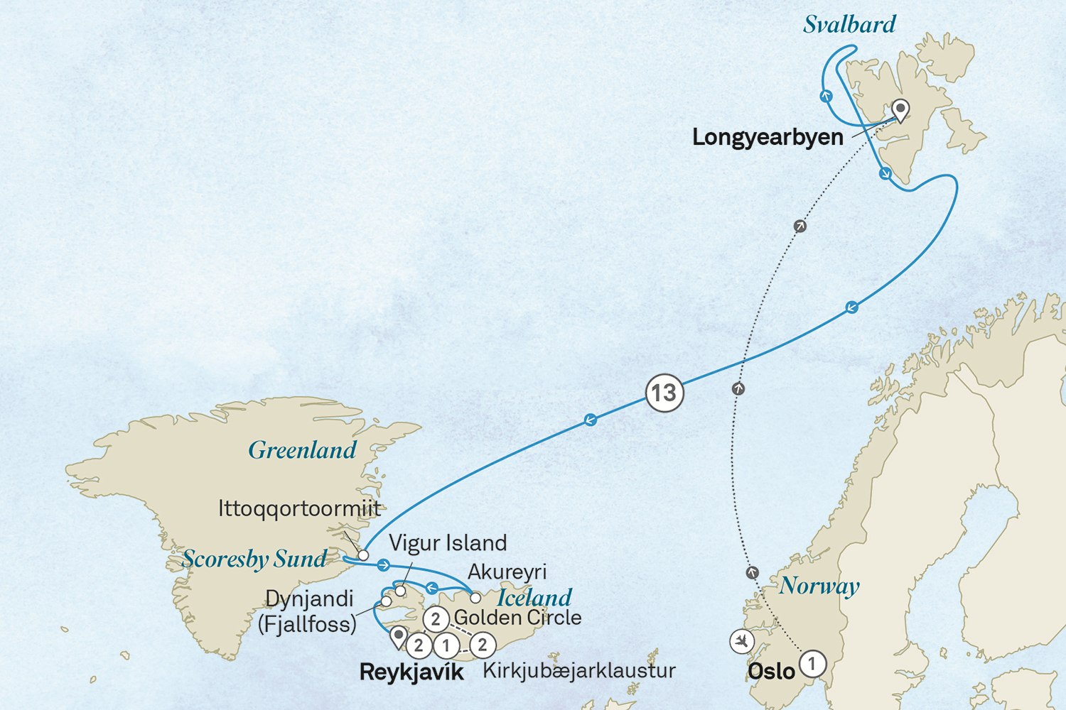 High Arctic, Greenland & Iceland Wonders - Cruise & Land journey: Oslo to Reykjavik Scenic itinerary route map for voyage ONI2060728.2