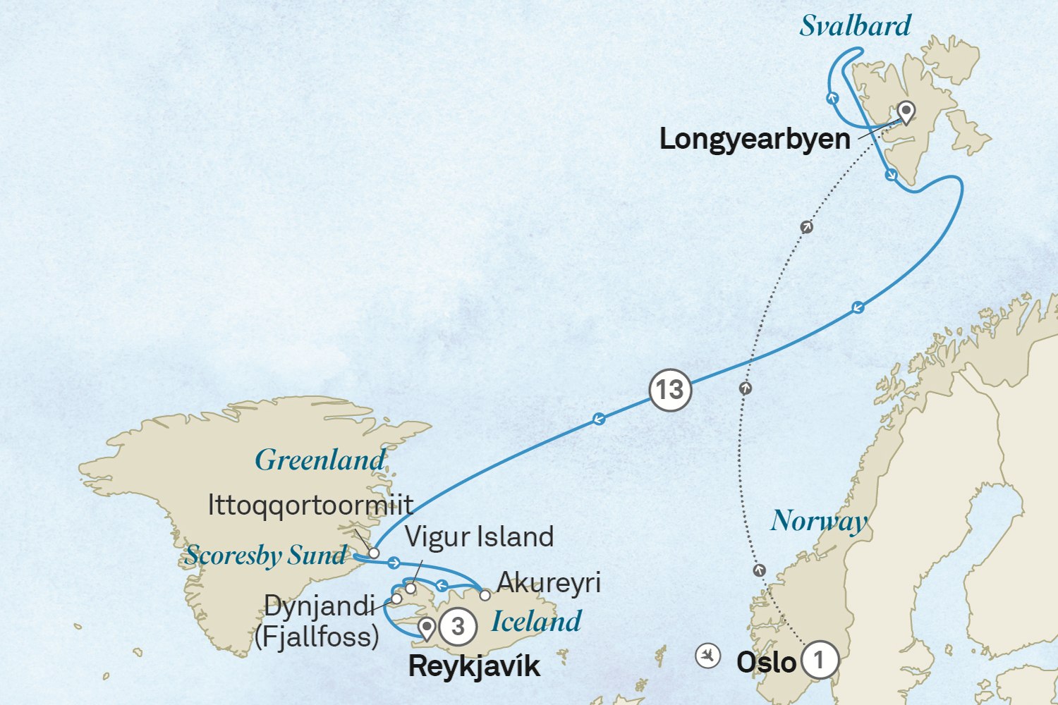 Wonders of the High Arctic: Reykjavik Extension - Cruise & Land journey Scenic itinerary route map for voyage ONR2060728.2