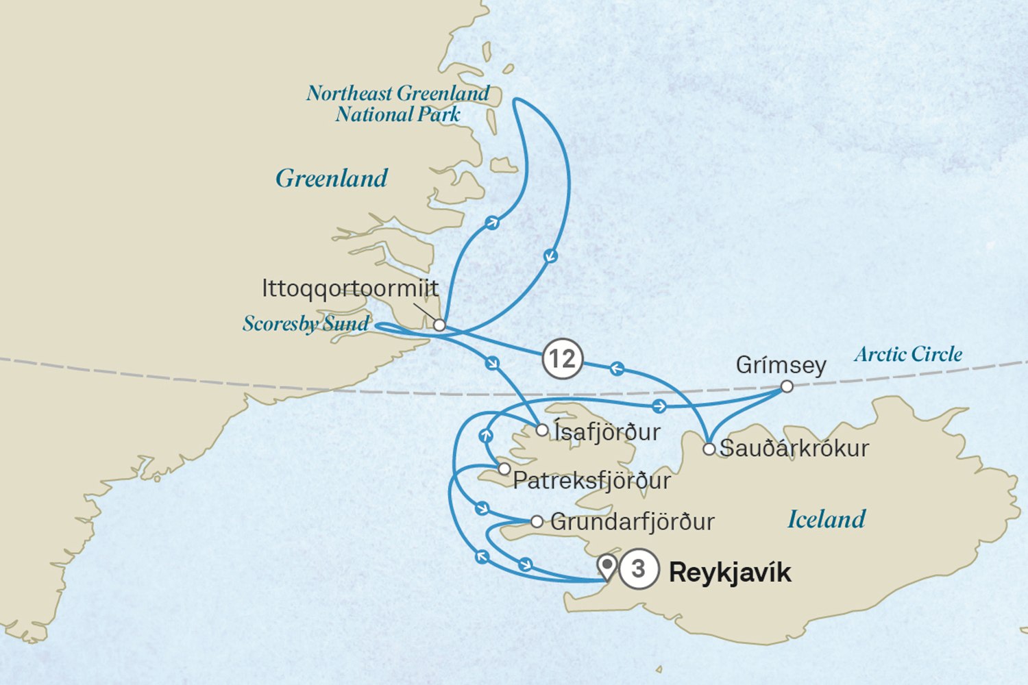 Reykjavik, Iceland & Greenland’s National Parks - Cruise & Land Journey Scenic itinerary route map for voyage ONR3170728.1