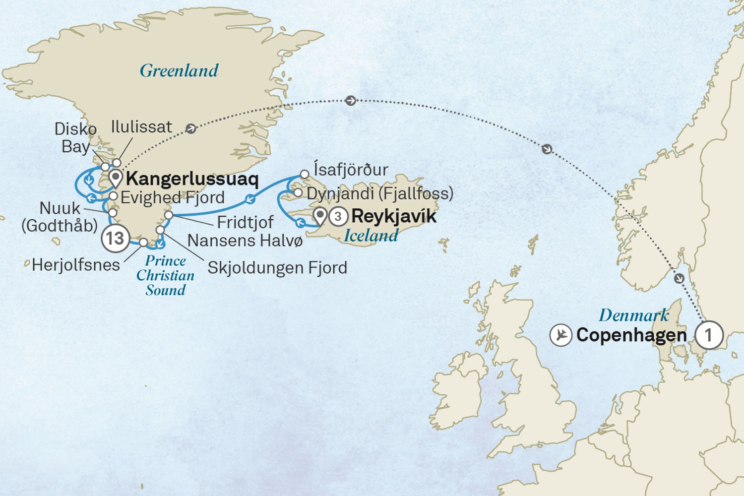 Reykjavik, Greenland & Disko Bay - Cruise & Land Journey: Reykjavik to Copenhagen Scenic itinerary route map for voyage ONR8290728.1