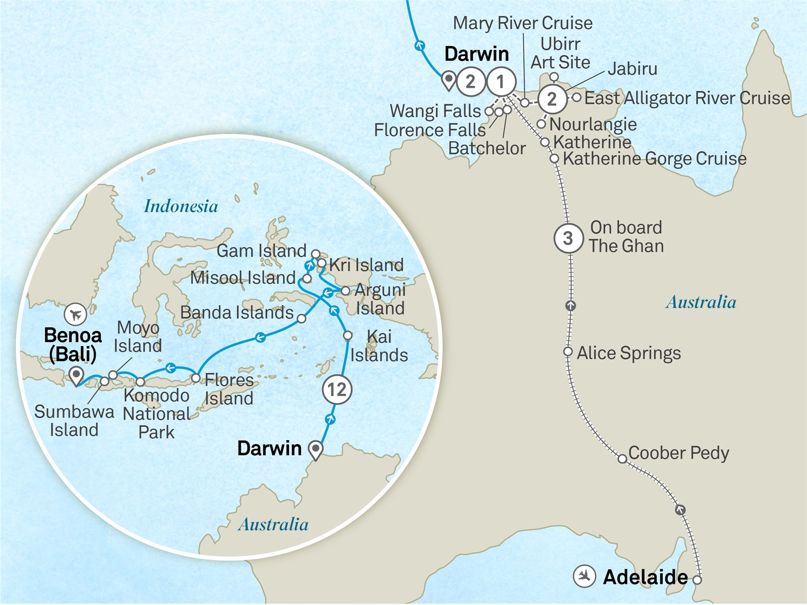 Wonders of The Ghan, Kakadu, Spice Islands & Komodo - Cruise & Land Journey: Adelaide to Denpasar Scenic itinerary route map for voyage OOA5300728.1