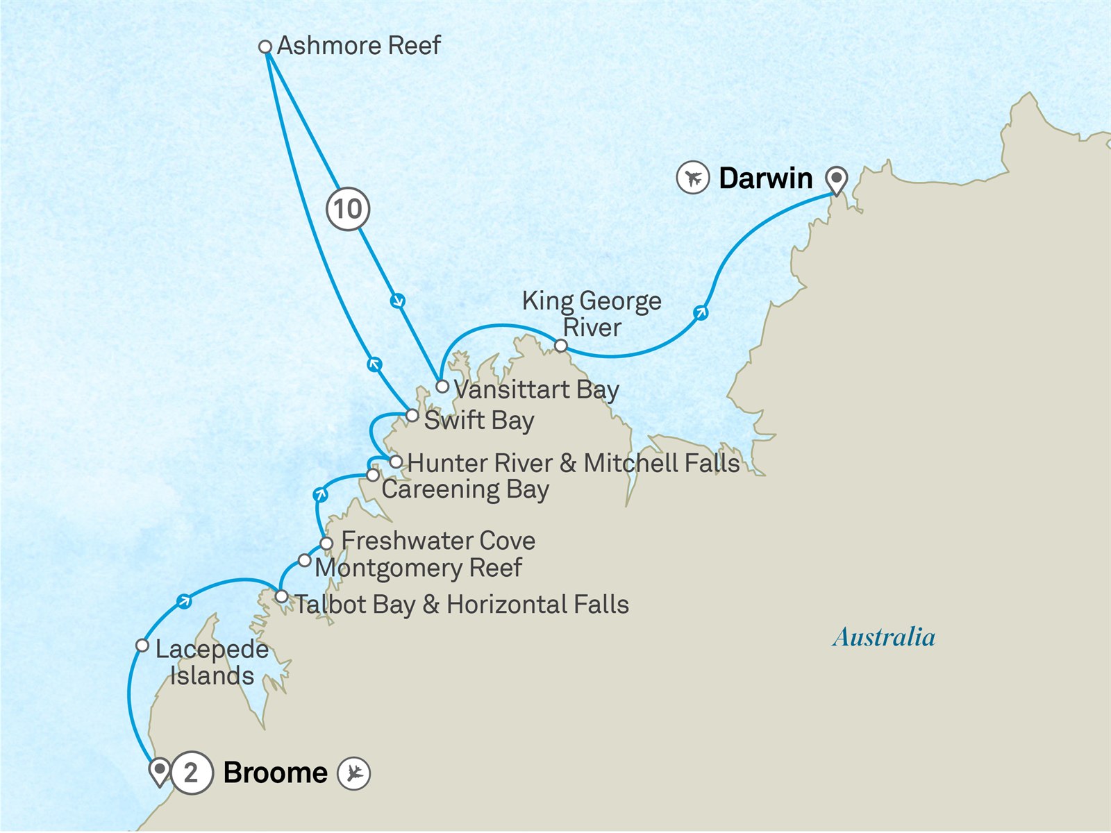 Broome & the Kimberley Coastline - Cruise & Land Journey: Broome to Darwin Scenic itinerary route map for voyage OOB1260728.1