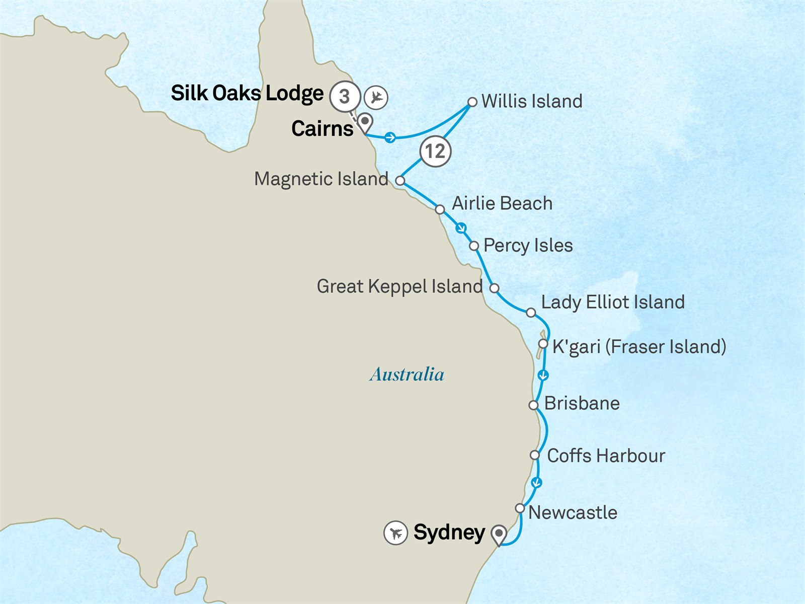 Australia's East Coast, the Daintree & Great Barrier Reef - Cruise & Land Journey: Cairns to Sydney Scenic itinerary route map for voyage OOC3261028.1