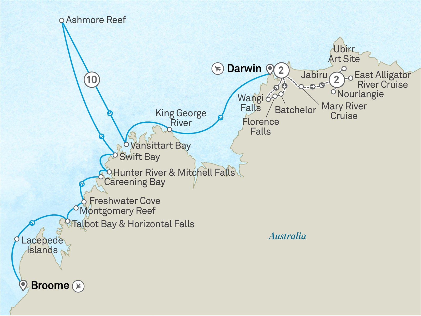 Kimberley Coastline, Darwin & Kakadu - Cruise & Land Journey: Broome to Darwin Scenic itinerary route map for voyage OOD1280728.2