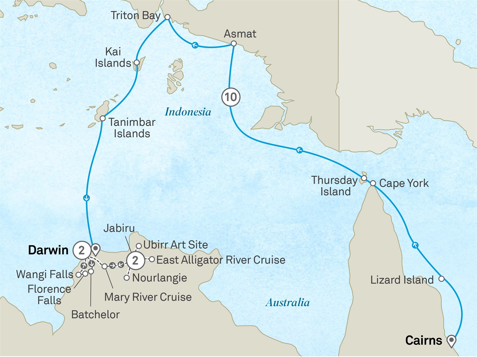 Australia’s Top End, Indonesia & Kakadu - Cruise & Land Journey: Cairns to Darwin Scenic itinerary route map for voyage OOD2080528.2