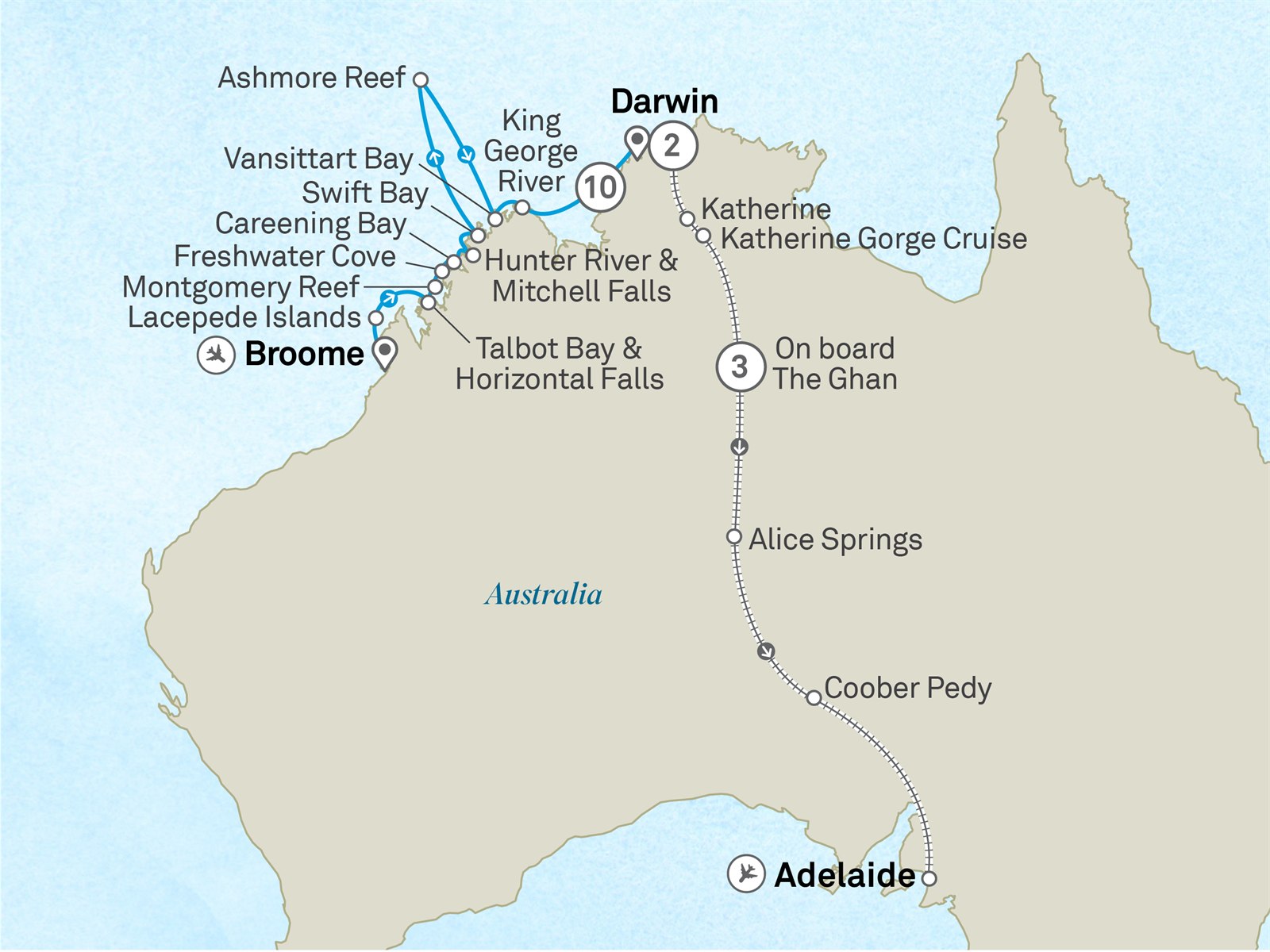 Kimberley Coastline, Darwin & The Ghan - Cruise & Land Journey: Broome to Adelaide Scenic itinerary route map for voyage OOG1280728.2