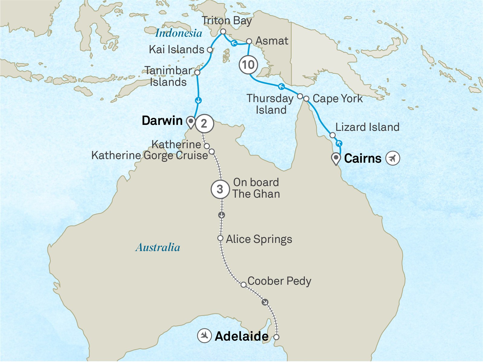 Australia’s Top End, Indonesia & The Ghan - Cruise & Land Journey: Cairns to Adelaide Scenic itinerary route map for voyage OOG2080528.2