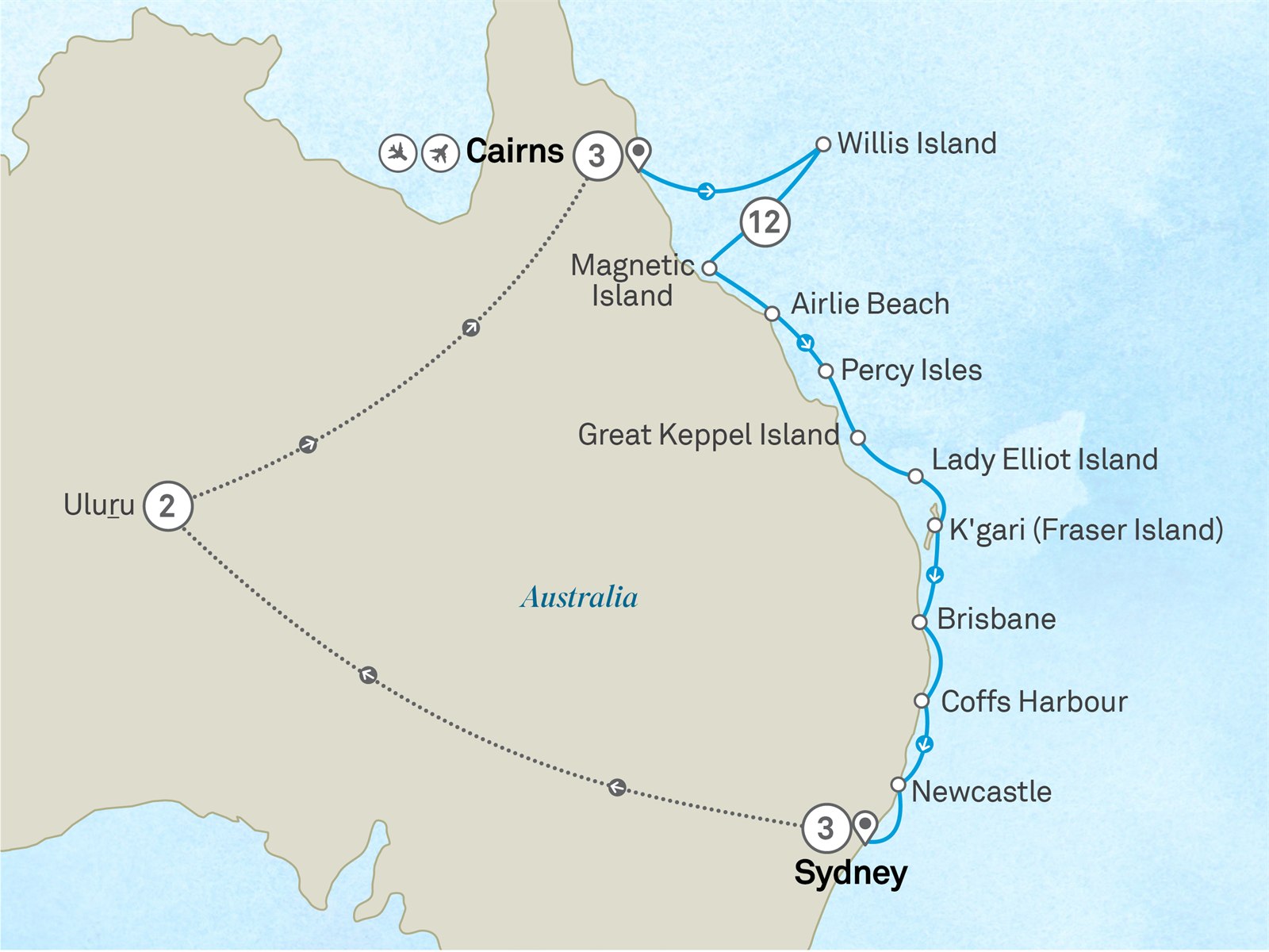 Sydney, Uluru & the Great Barrier Reef - Cruise & Land Journey Scenic itinerary route map for voyage OOS3211028.1