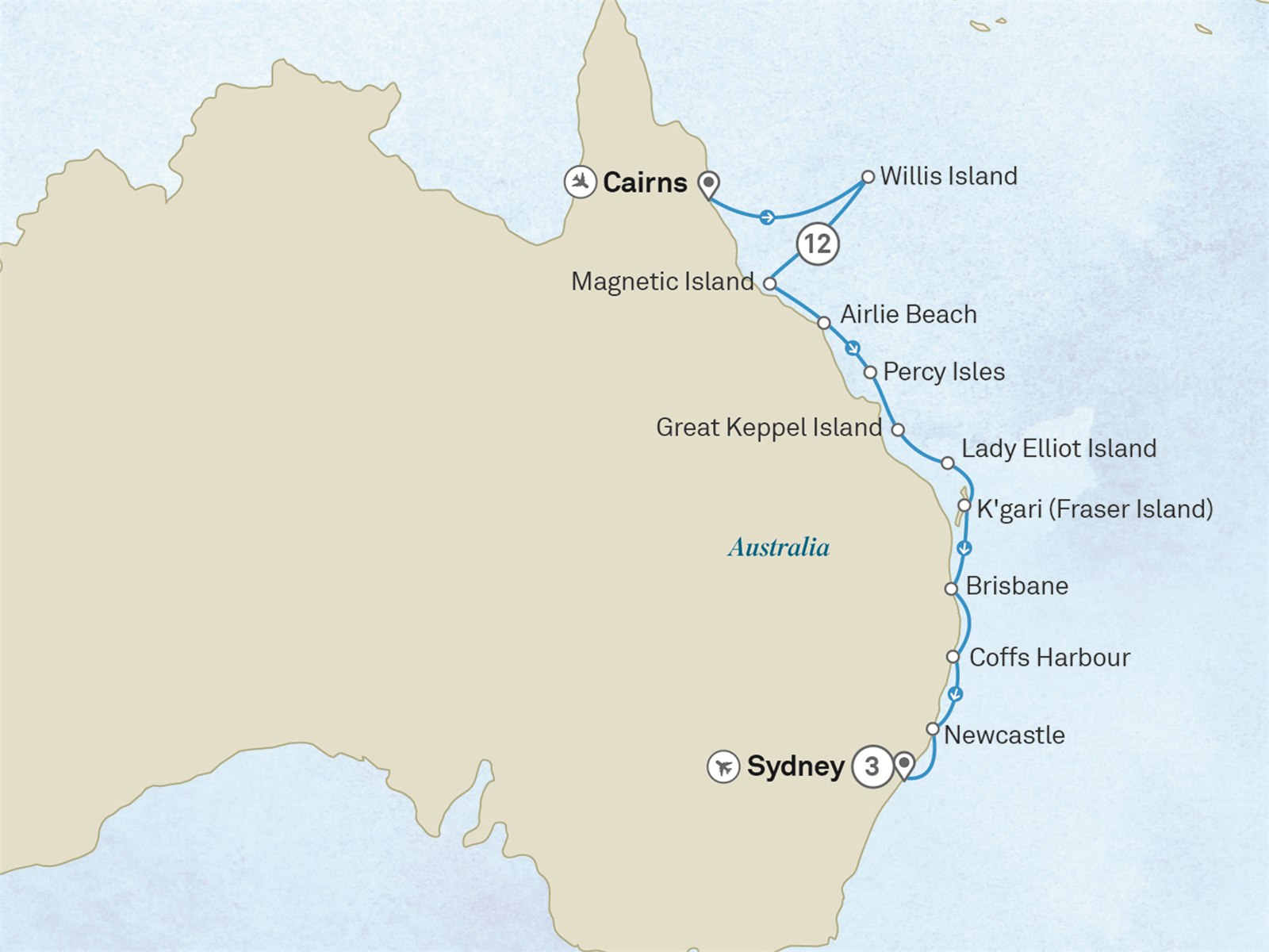 Australia’s East Coast, Great Barrier Reef & Sydney - Cruise & Land Journey: Cairns to Sydney Scenic itinerary route map for voyage OOY3291028.2