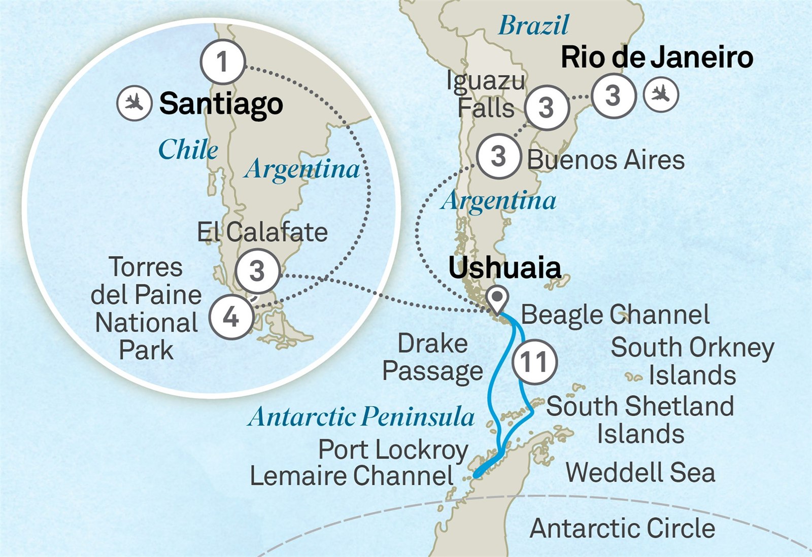 Ultimate Journey: Patagonia, Argentina, Brazil & Antarctica - Cruise & Land Journey: Santiago to Rio de Janeiro Scenic itinerary route map for voyage OPA1080129.1
