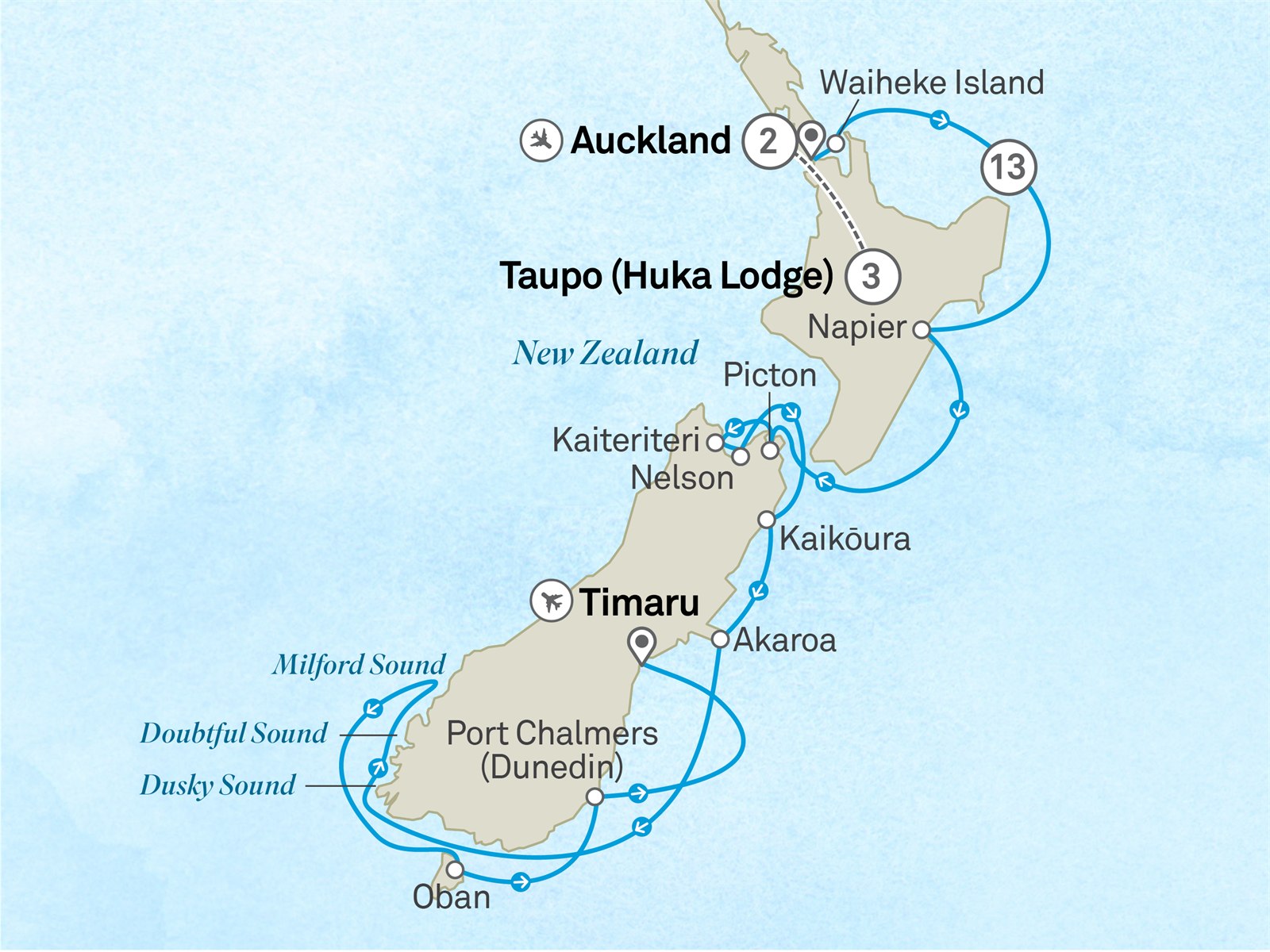 Splendours of New Zealand with Auckland & Huka Lodge - Cruise & Land Journey: Auckland to Christchurch Scenic itinerary route map for voyage OQA3251128.1
