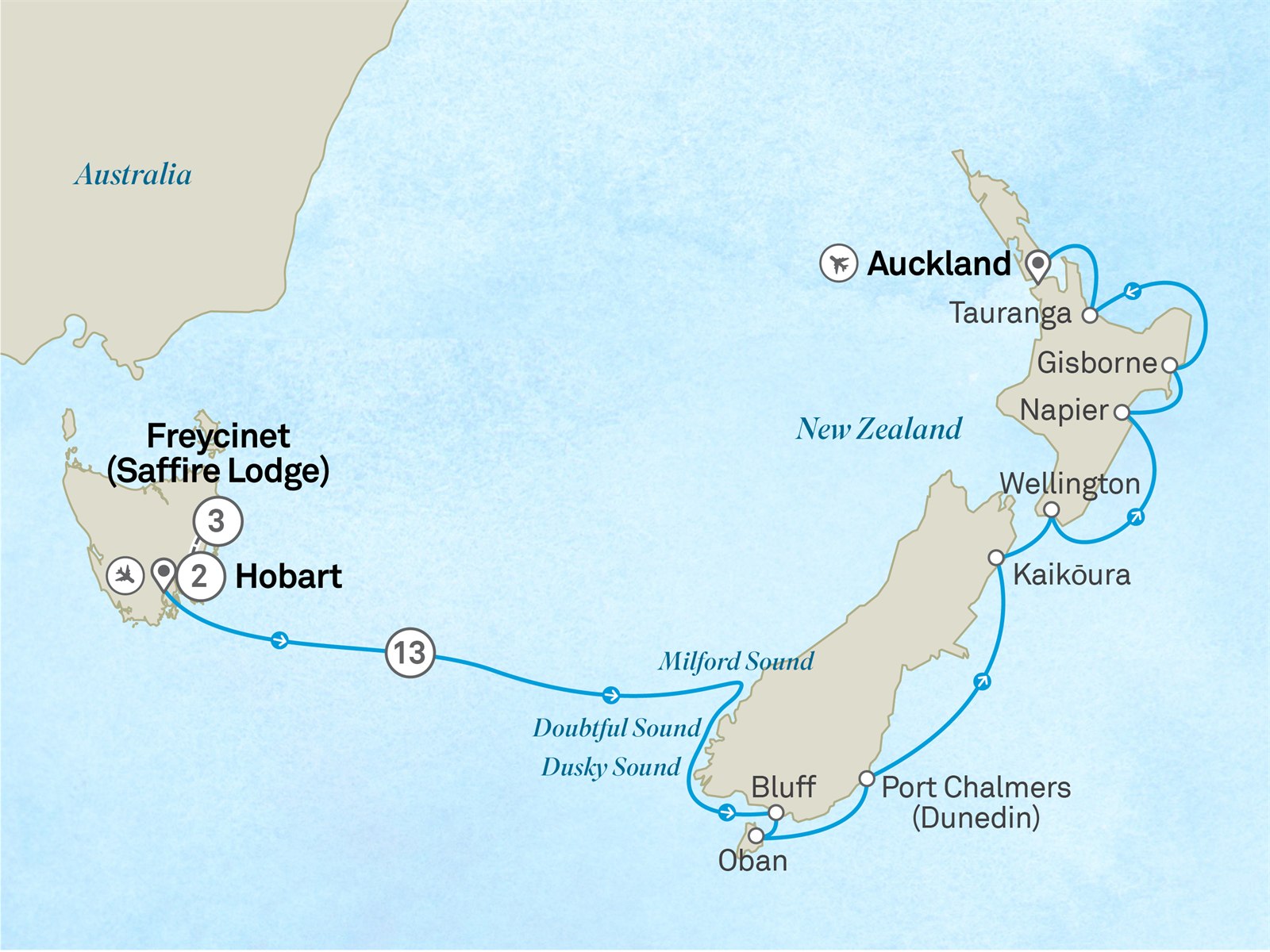 New Zealand Wonders with Auckland & Huka Lodge - Cruise & Land Journey: Hobart to Auckland Scenic itinerary route map for voyage OQA4171128.2