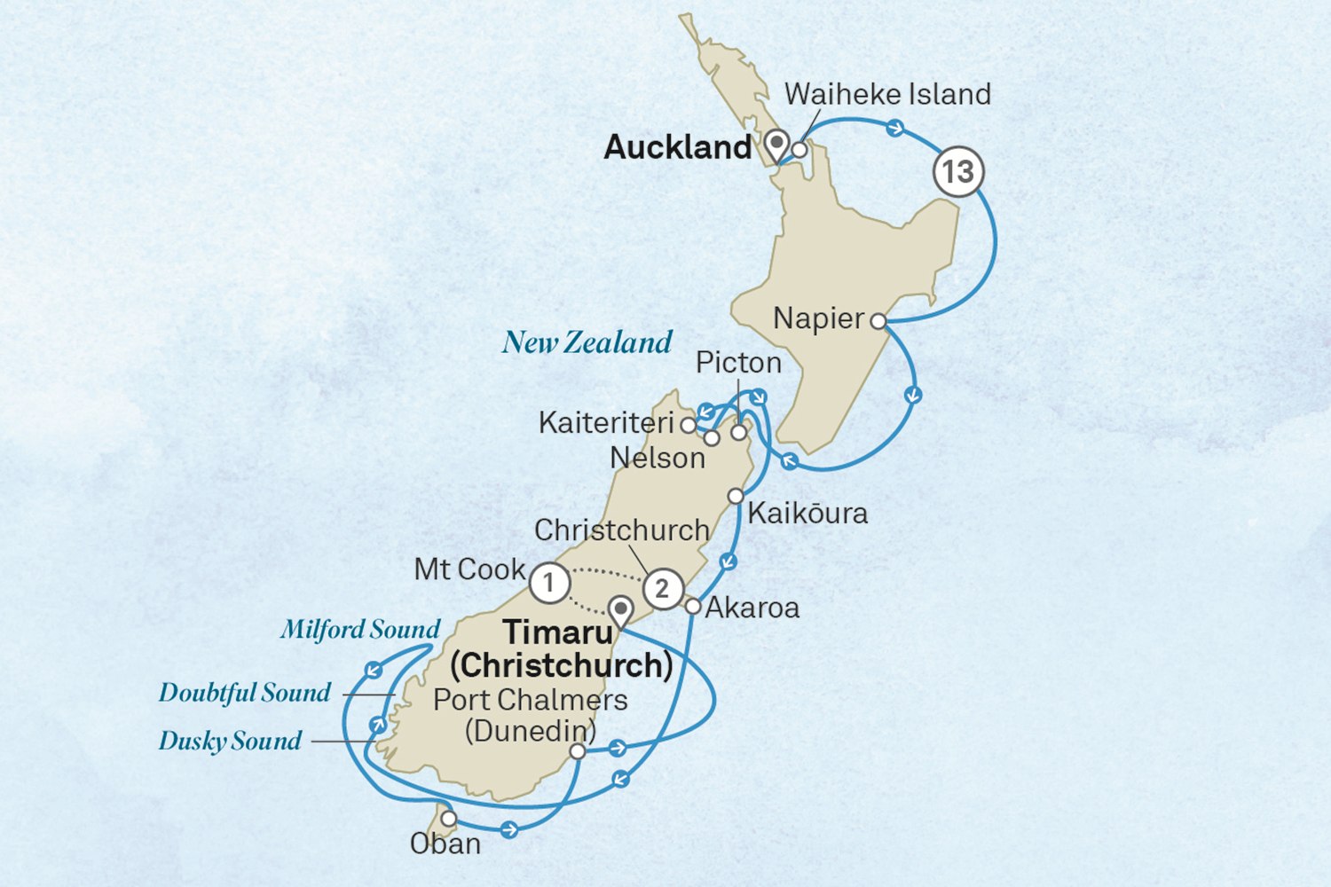 New Zealand Splendours, Mt. Cook & Christchurch - Cruise & Land Journey: Auckland to Christchurch Scenic itinerary route map for voyage OQC3301128.2