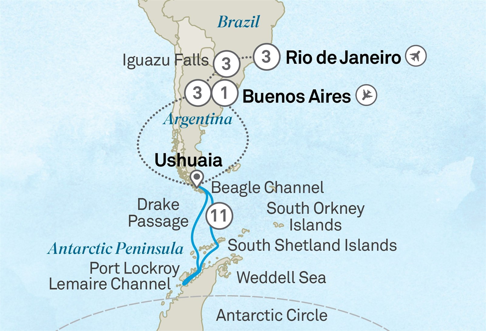 Highlights of Antarctica, Argentina and Brazil - Cruise & Land Journey: Buenos Aires to Rio de Janeiro Scenic itinerary route map for voyage OSA1250227.1