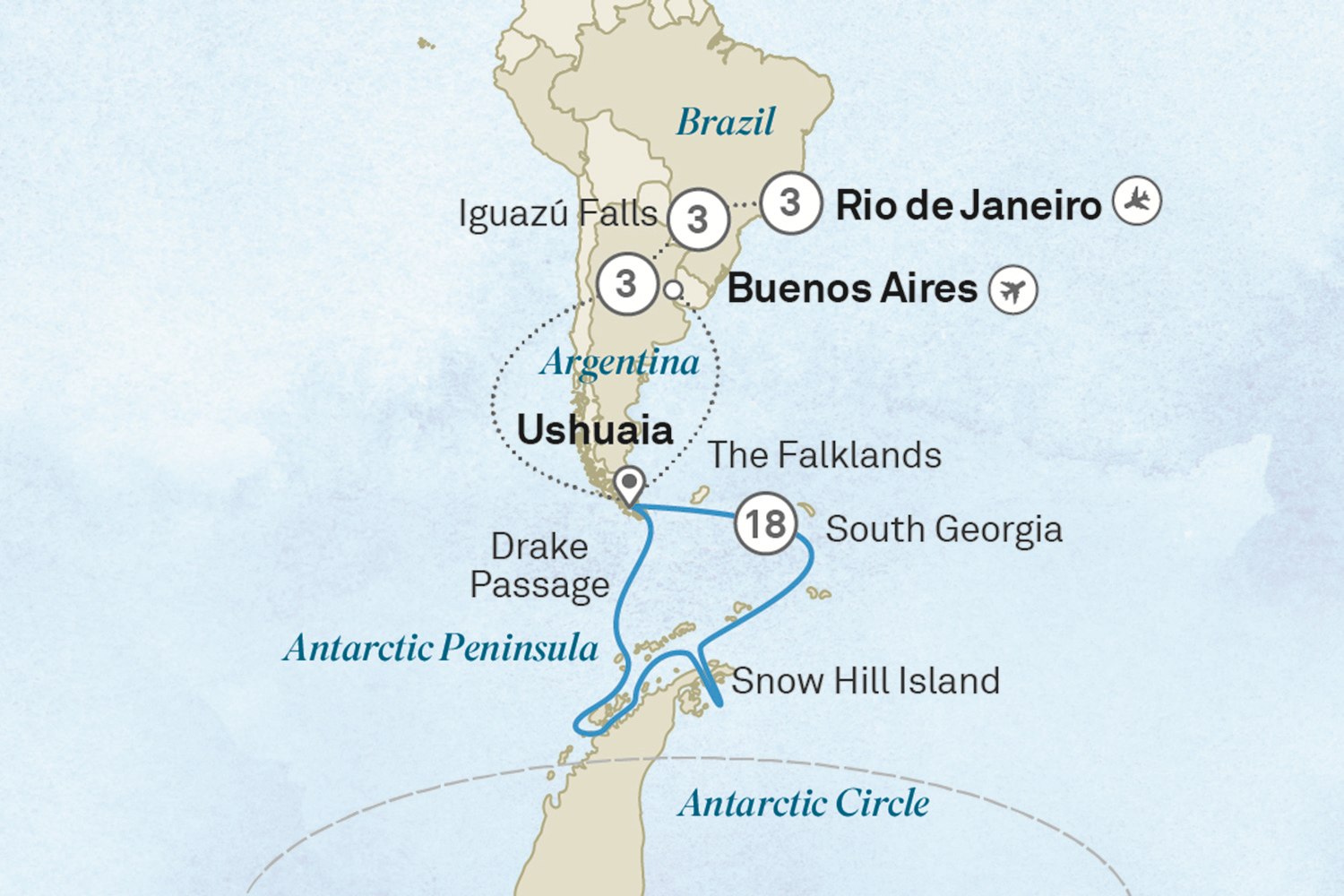 Antarctica, South Georgia, Argentina & Brazil - Cruise & Land Journey: Rio de Janeiro to Buenos Aires Scenic itinerary route map for voyage OSA2201128.1
