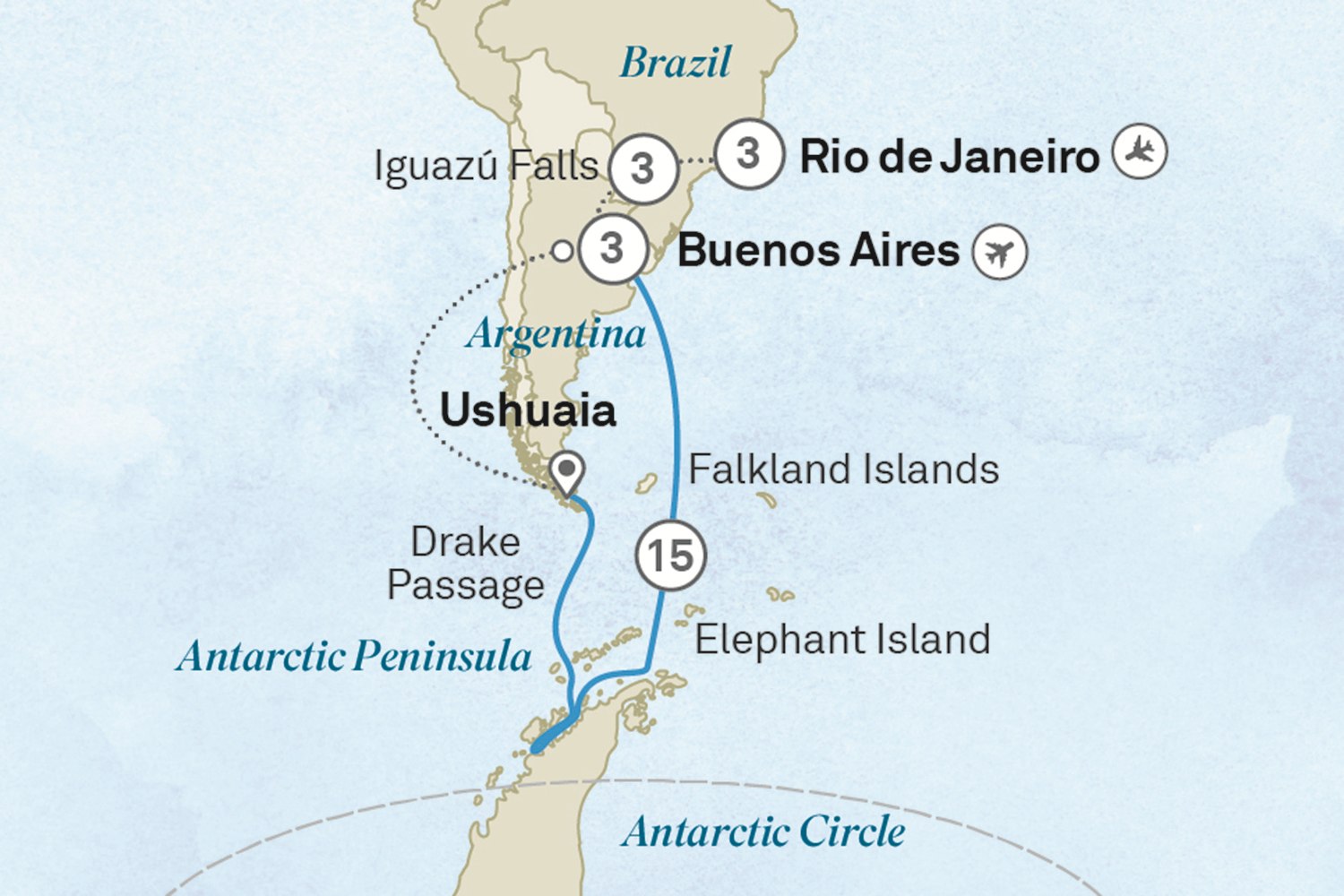 Antarctica,Falkland Islands, Argentina & Brazil - Cruise & Land Journey: Rio de Janeiro to Buenos Aires Scenic itinerary route map for voyage OSA6061128.1