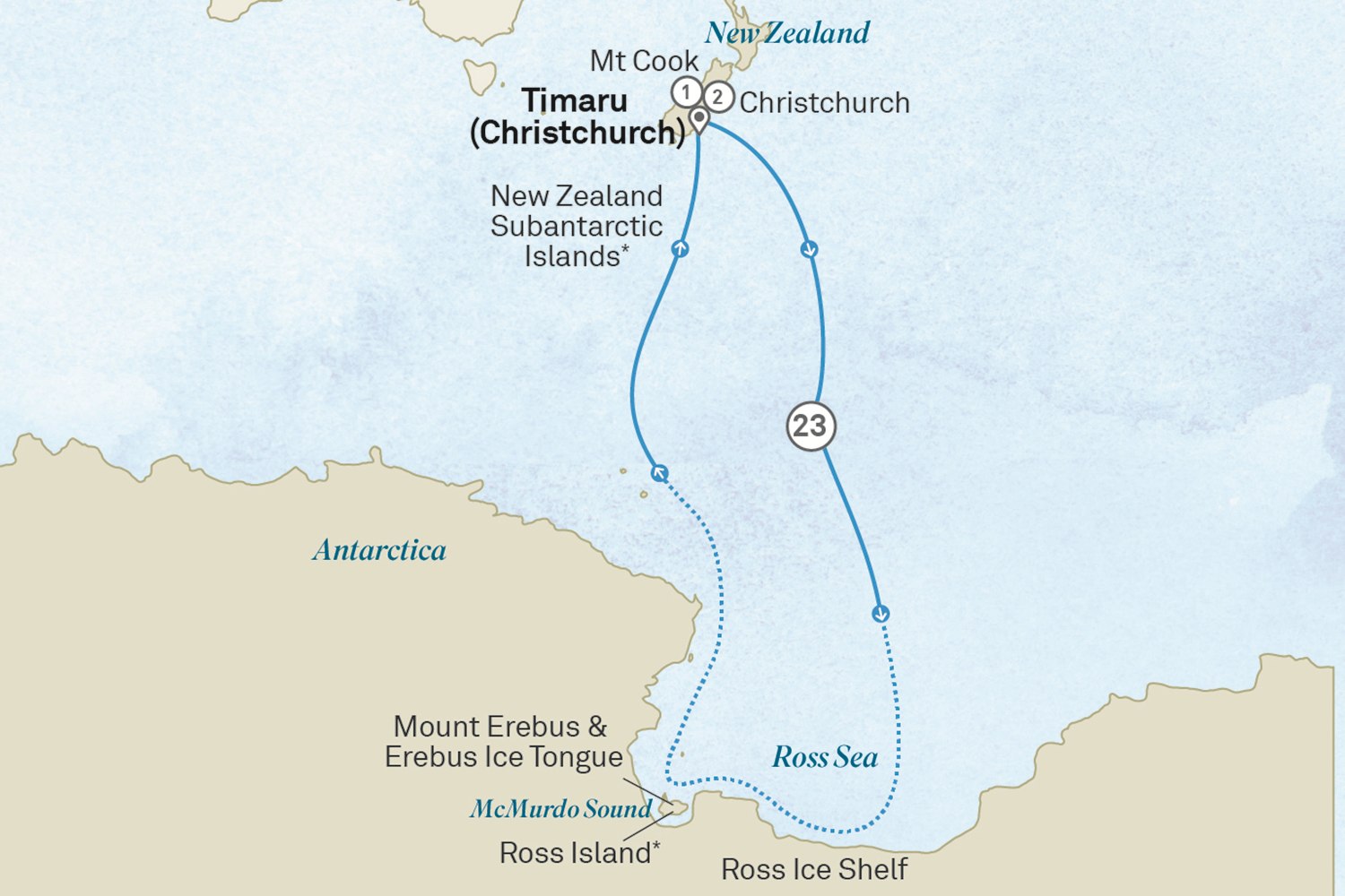 Antarctica’s Ross Sea, Mt. Cook & Christchurch - Cruise & Land Journey Scenic itinerary route map for voyage OSC1131228.2