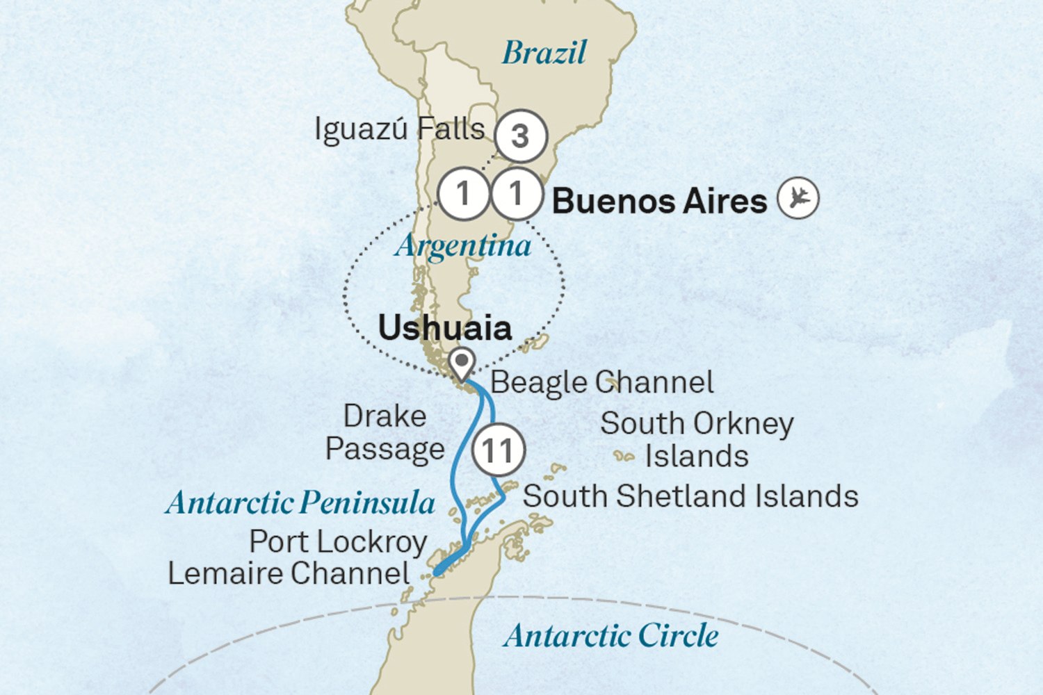 Antarctica & Iguazu Falls Delight - Cruise & Land Journey: Buenos Aires to Buenos Aires Scenic itinerary route map for voyage OSI1260129.2