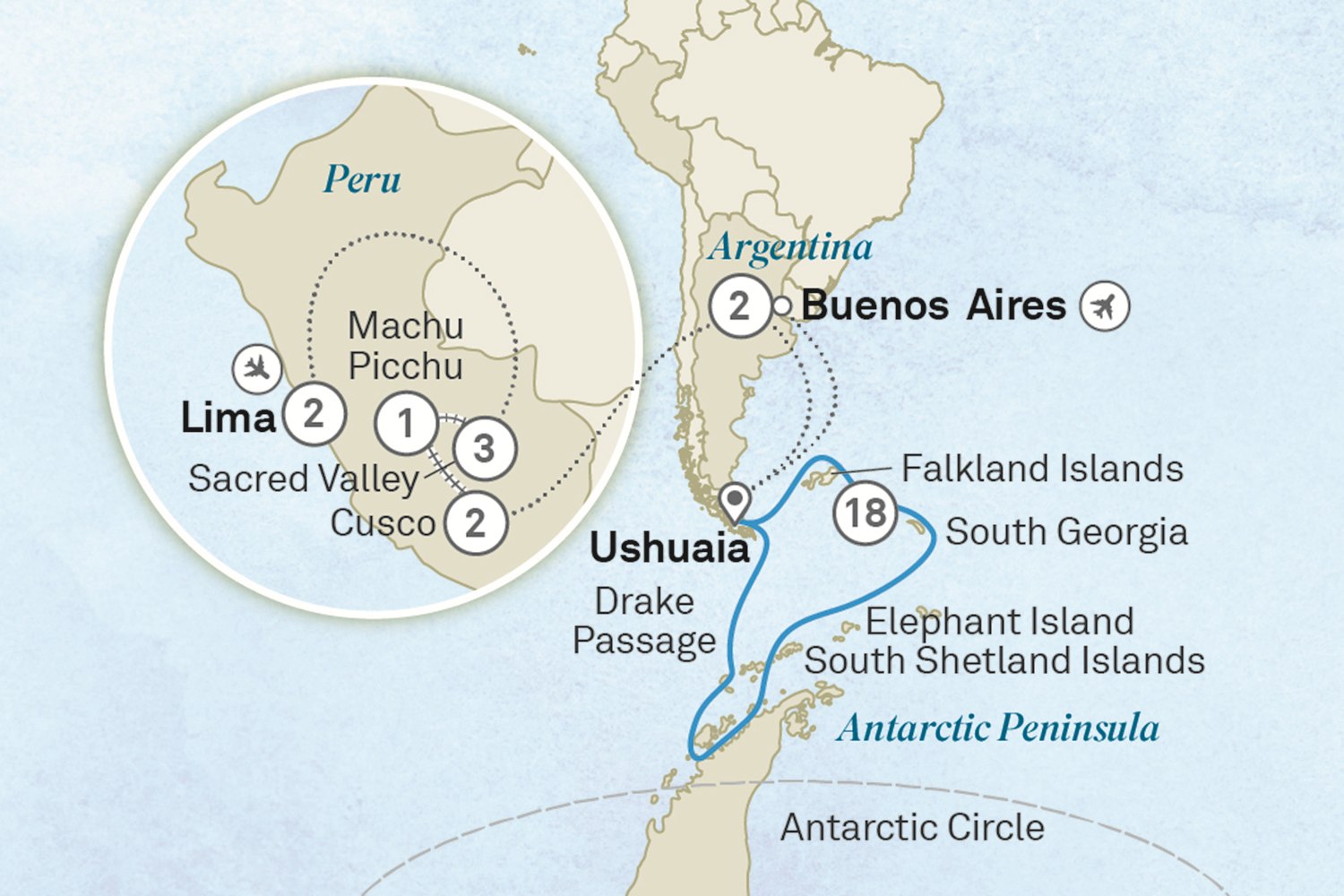 Southern Expedition: Antarctica & Machu Picchu - Cruise & Land Journey: Lima to Buenos Aires Scenic itinerary route map for voyage OSL2191128.1