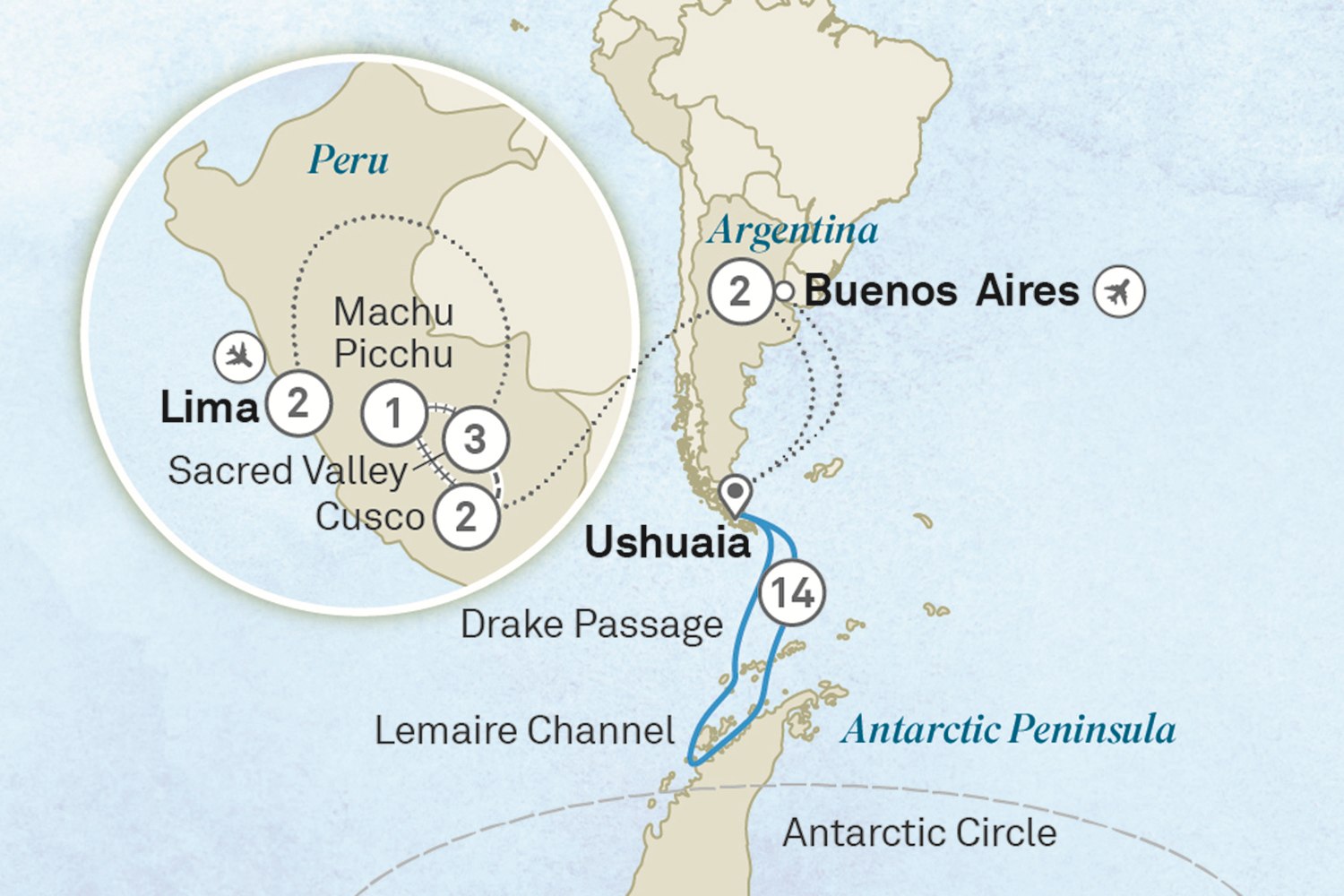 Vibrant Wonders of Peru & Beyond the Antarctic Circle - Cruise & Land Journey: Lima to Buenos Aires Scenic itinerary route map for voyage OSL7190129.1