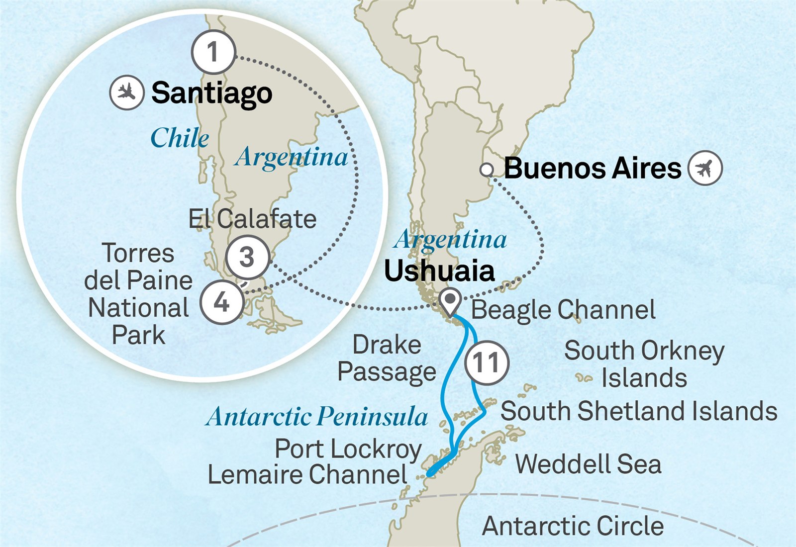Wonders of Patagonia and Antarctica - Cruise & Land Journey: Santiago to Buenos Aires Scenic itinerary route map for voyage OSP1300127.1