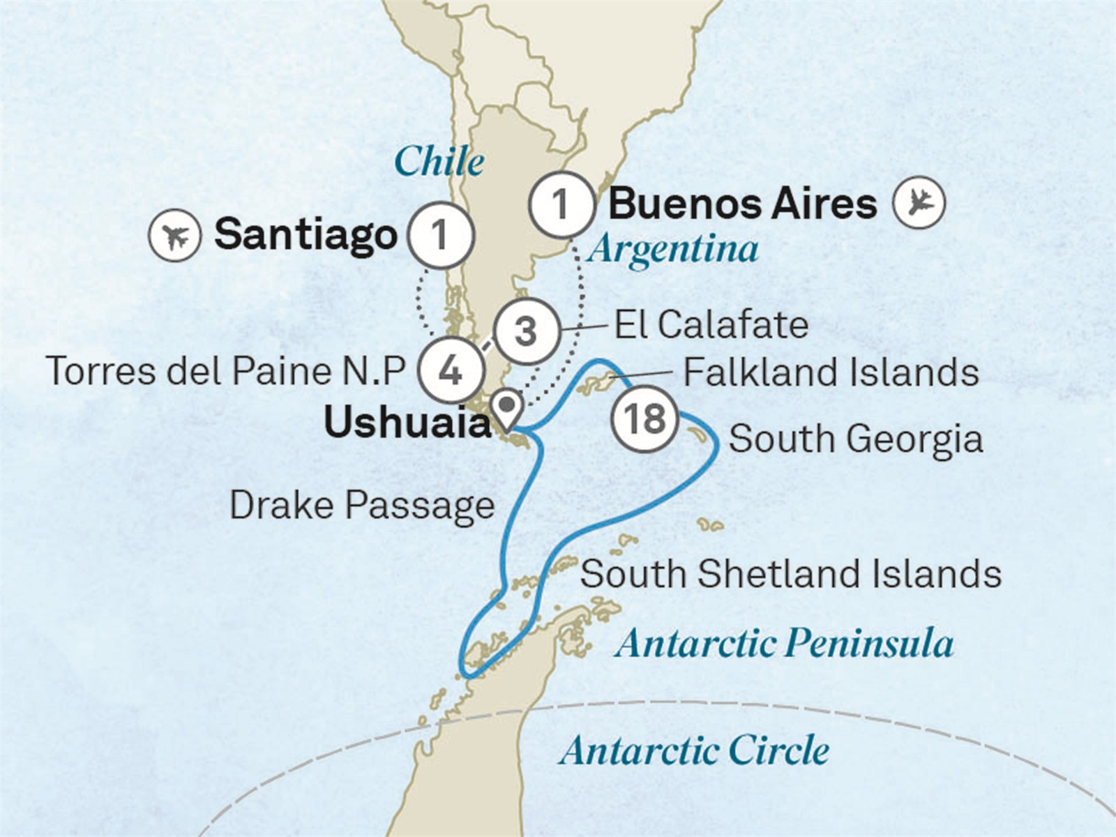 Patagonian Adventure with Antarctica, South Georgia - Cruise & Land Journey: Buenos Aires to Santiago Scenic itinerary route map for voyage OSP2100129.2