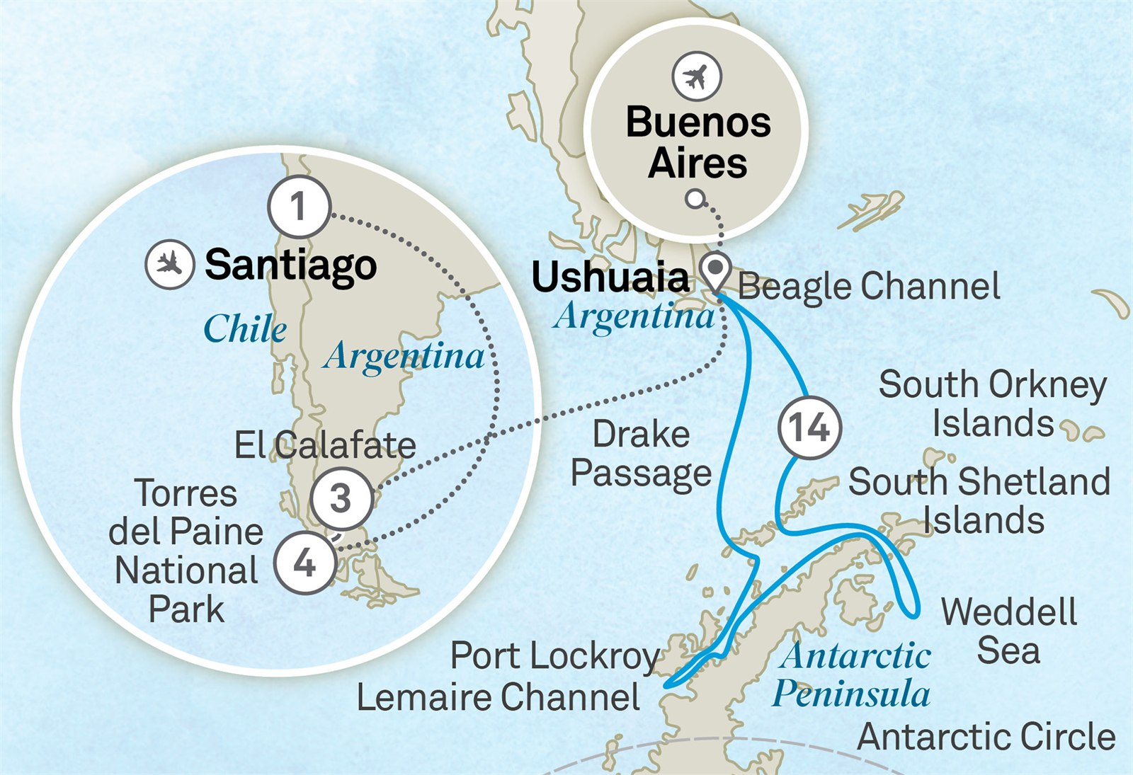 Patagonian Adventure and Antarctica’s Weddell Sea - Cruise & Land Journey: Santiago to Buenos Aires Scenic itinerary route map for voyage OSP5261126.1