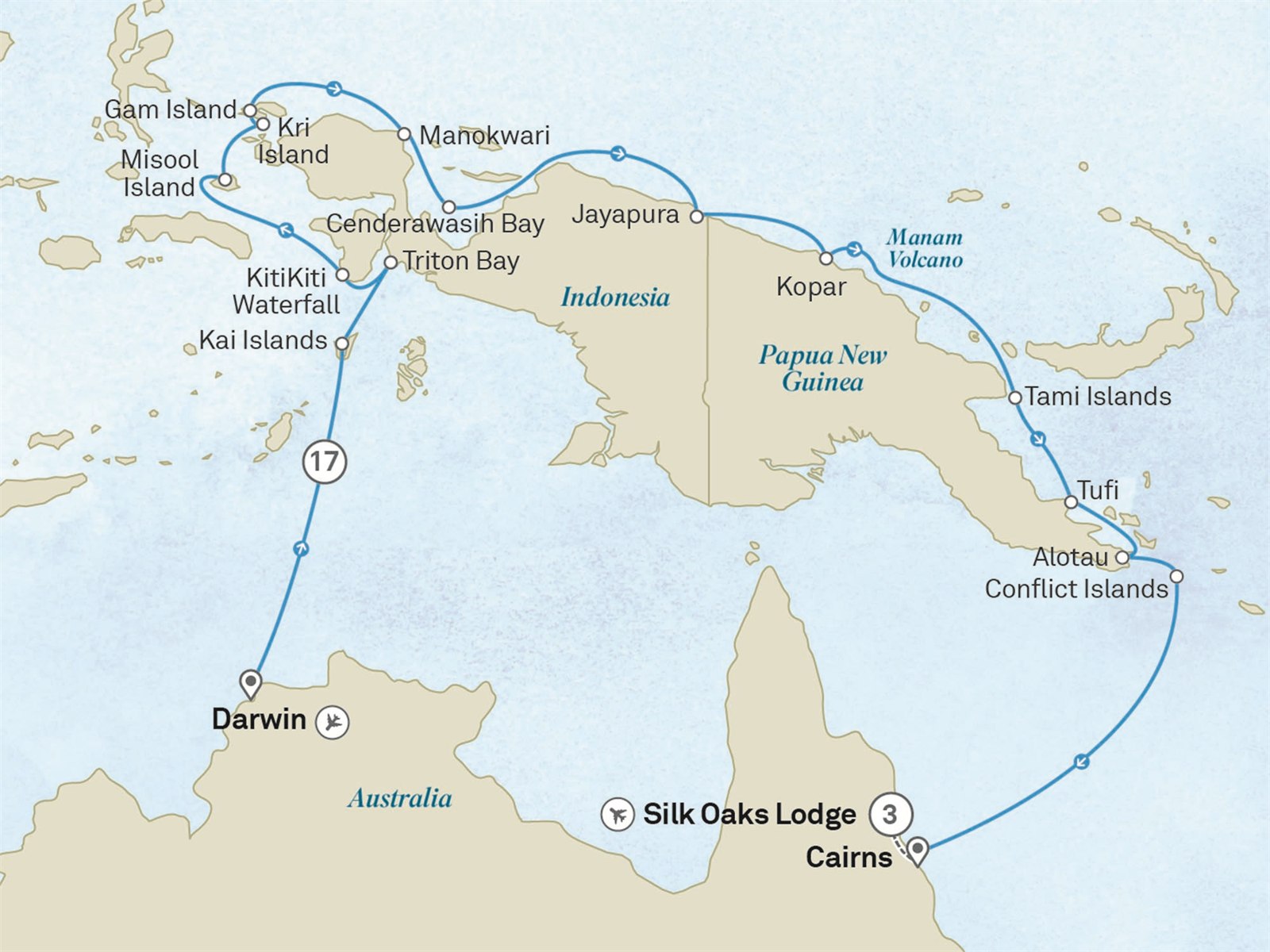 Jewels of Raja Ampat, Papua New Guinea & Cairns - Cruise & Land Journey: Darwin to Cairns Scenic itinerary route map for voyage OTC9121028.2