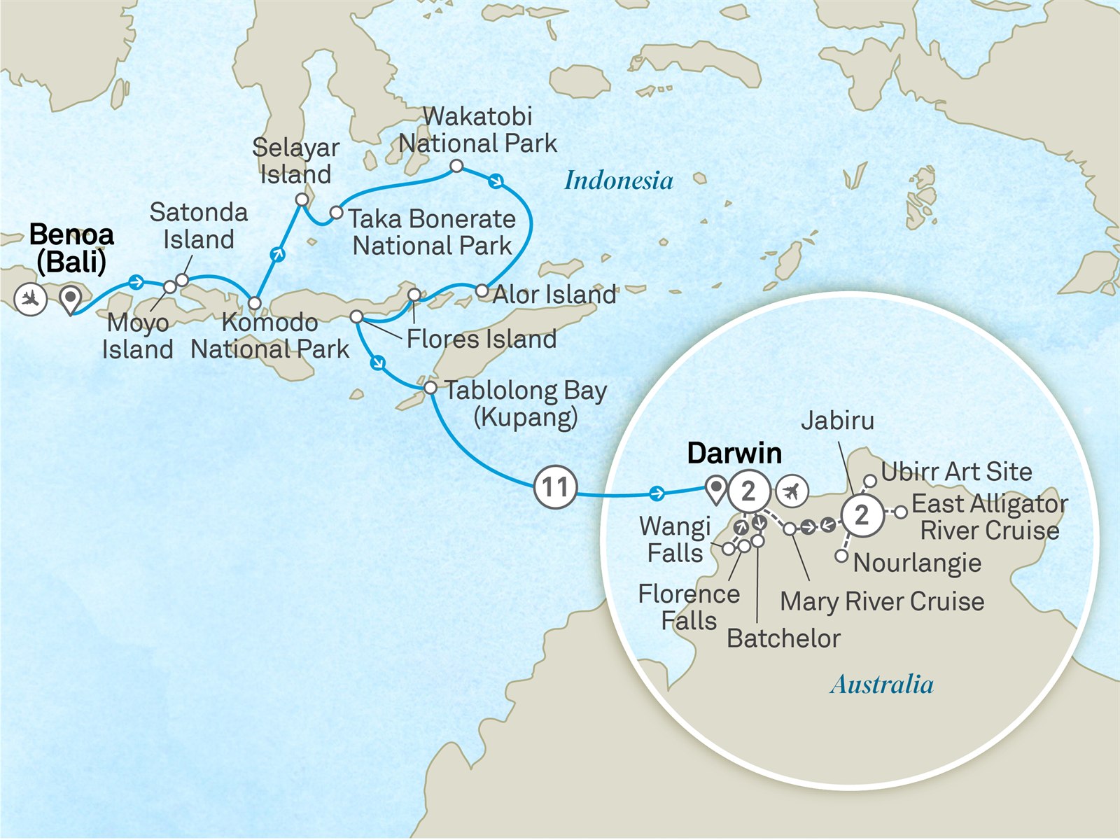 Treasures of Komodo, Sulawesi & Kakadu - Cruise & Land Journey: Denpasar to Darwin Scenic itinerary route map for voyage OTD8011028.2