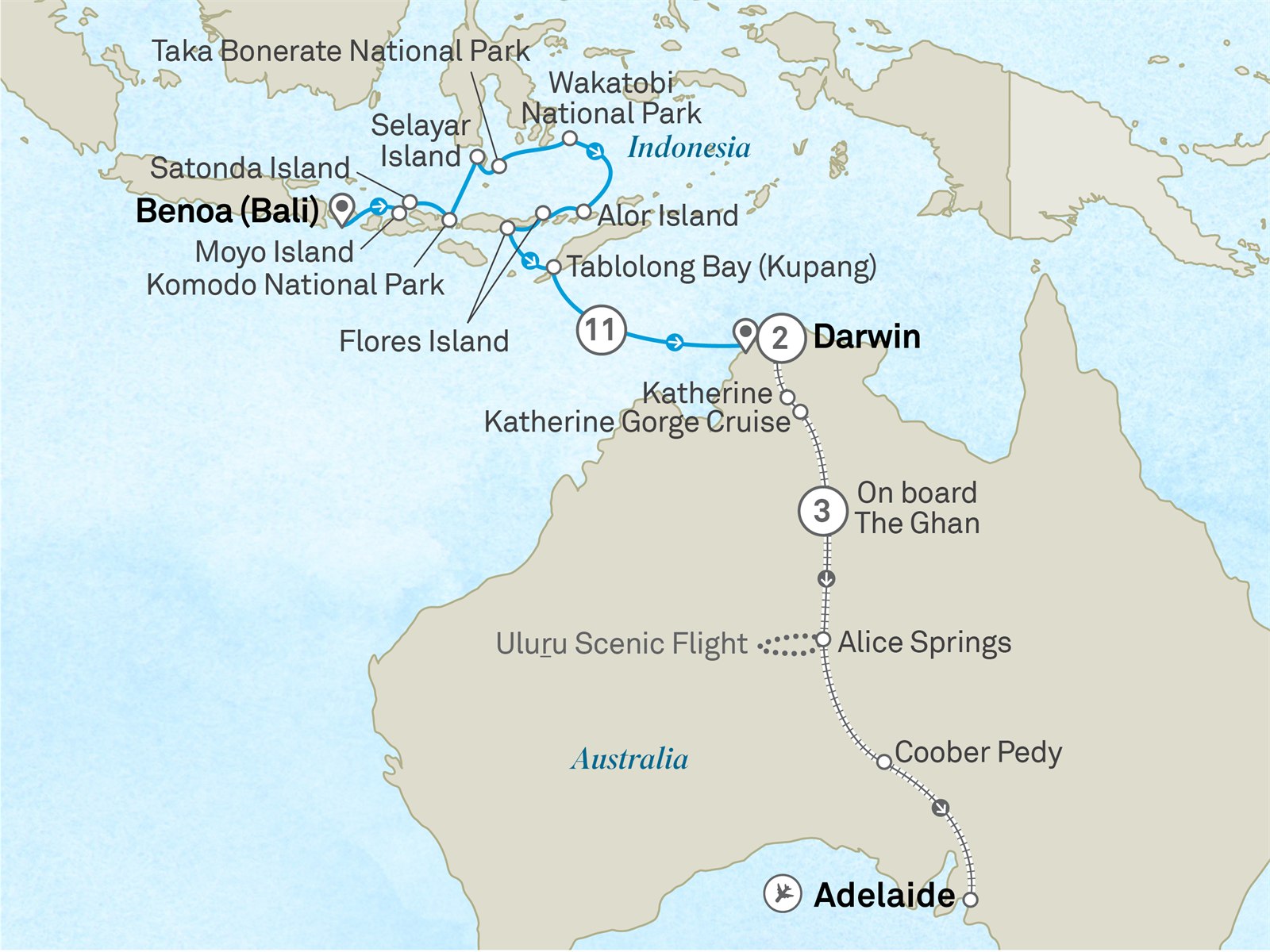 Treasures of Komodo, Sulawesi & The Ghan - Cruise & Land Journey: Denpasar to Adelaide Scenic itinerary route map for voyage OTG8011028.2