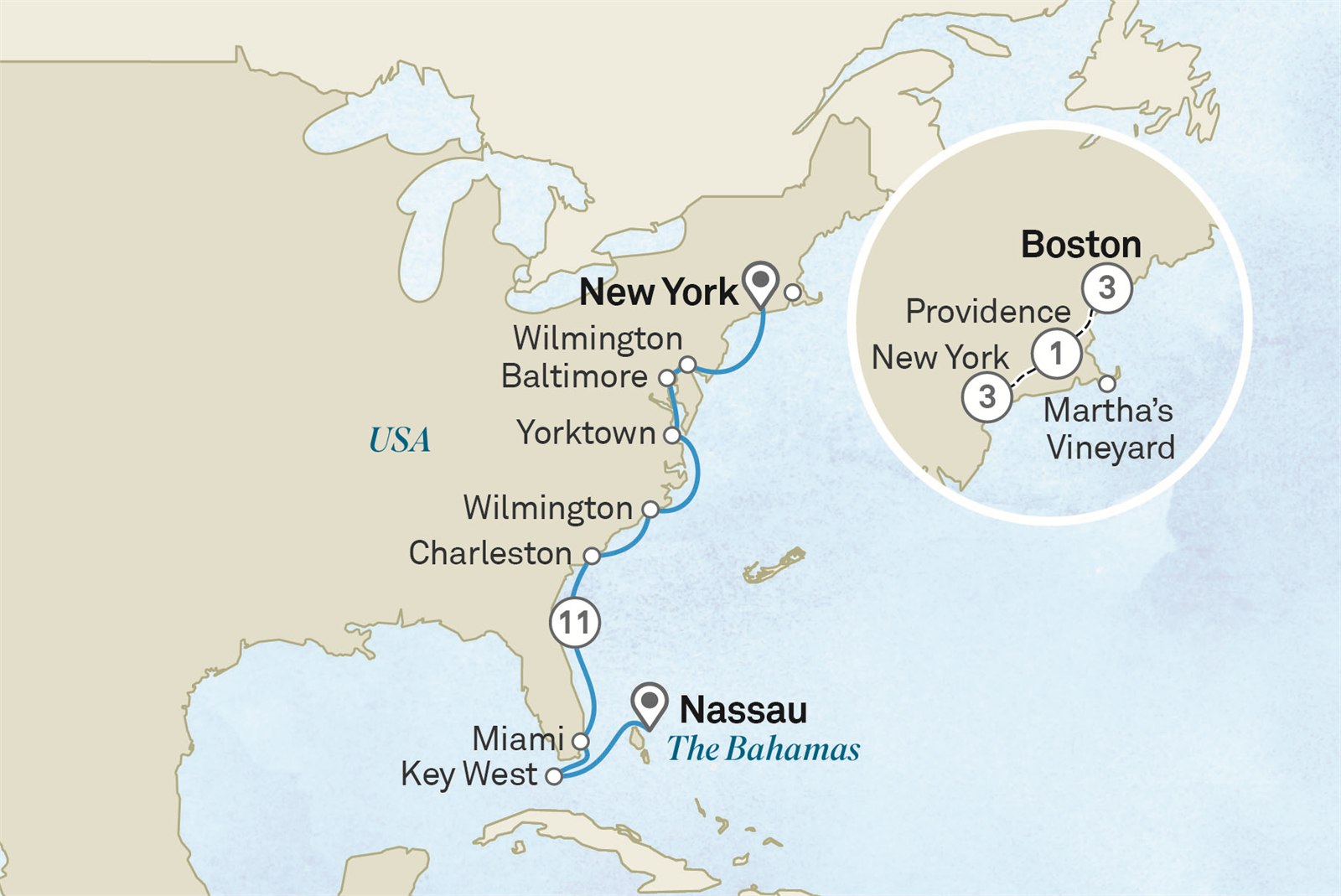 Chairman’s Voyage: America's 250th Anniversary - Cruise & Land Journey: Boston to Nassau Scenic itinerary route map for voyage OUB9280926.1