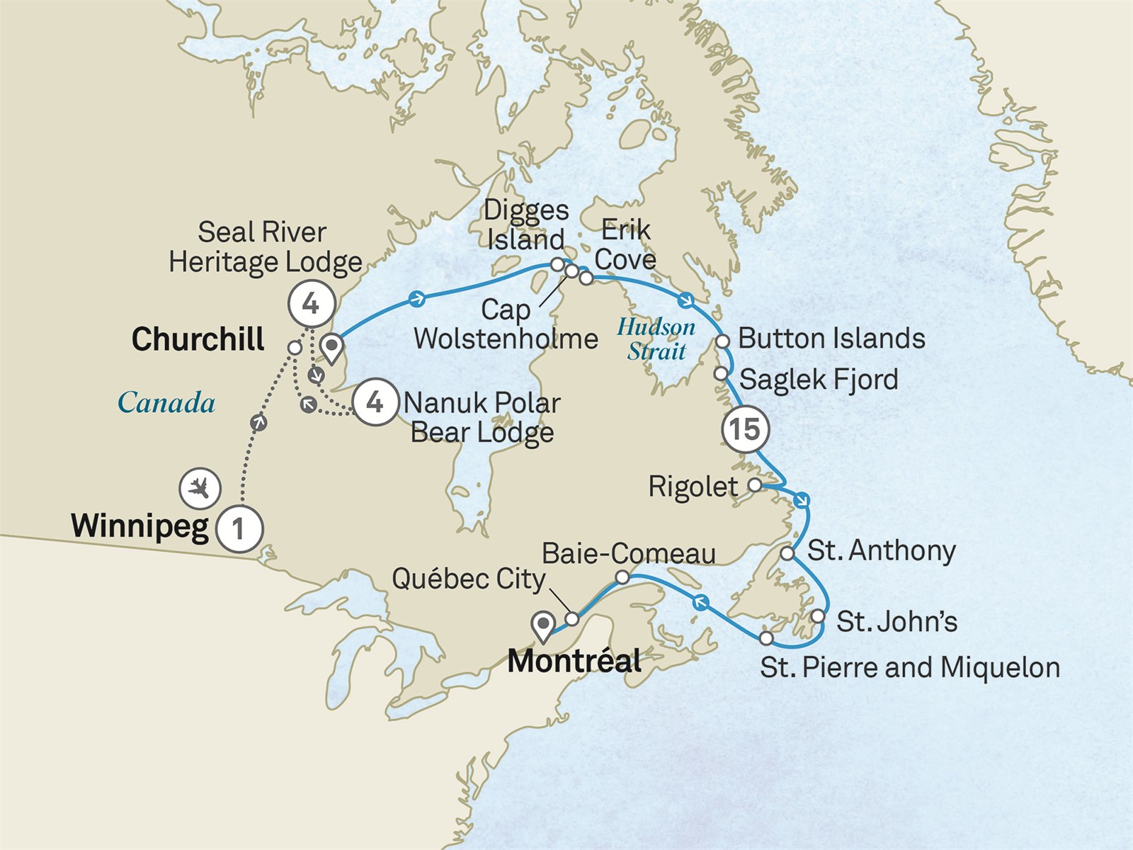 Churchill’s Polar Bears & the Canadian Arctic to Montreal - Cruise & Land Journey: Winnipeg to Montreal Scenic itinerary route map for voyage OYP4200828.1