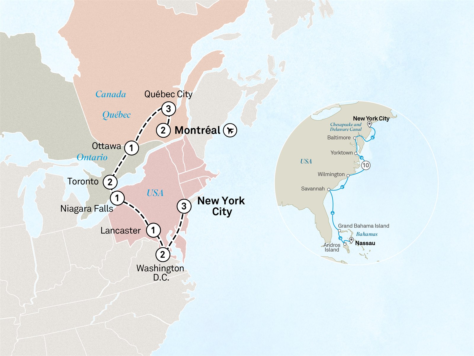 Eastern Canada & America’s East Coast to the Bahamas - Cruise & Land Journey: Montreal to Nassau Scenic itinerary route map for voyage OYT1090928.1